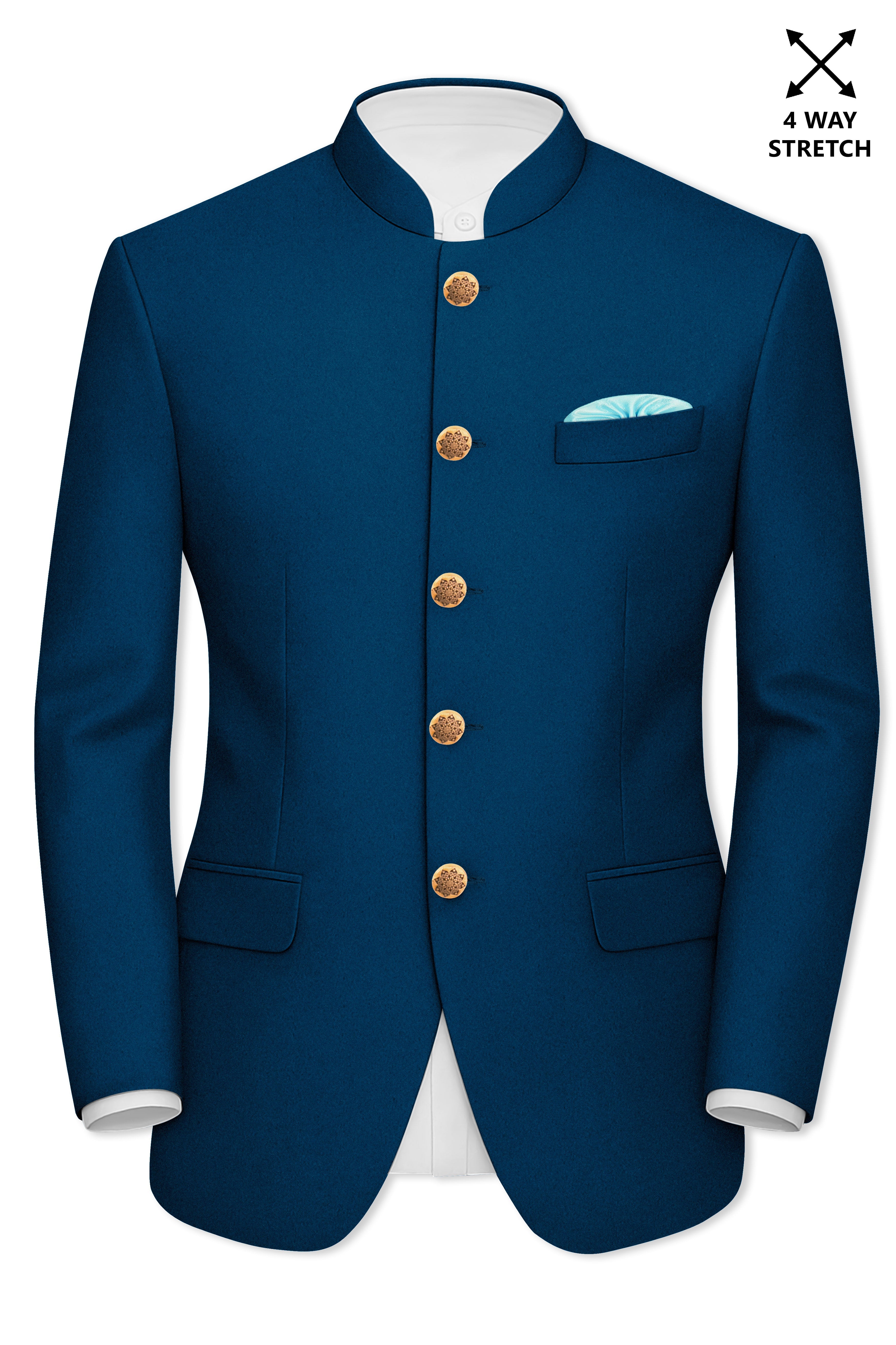 Aureblu-Korean Prussian Blue 4-Way Stretch Wrinkle-Free Wool Rich Bandhgala Blazer