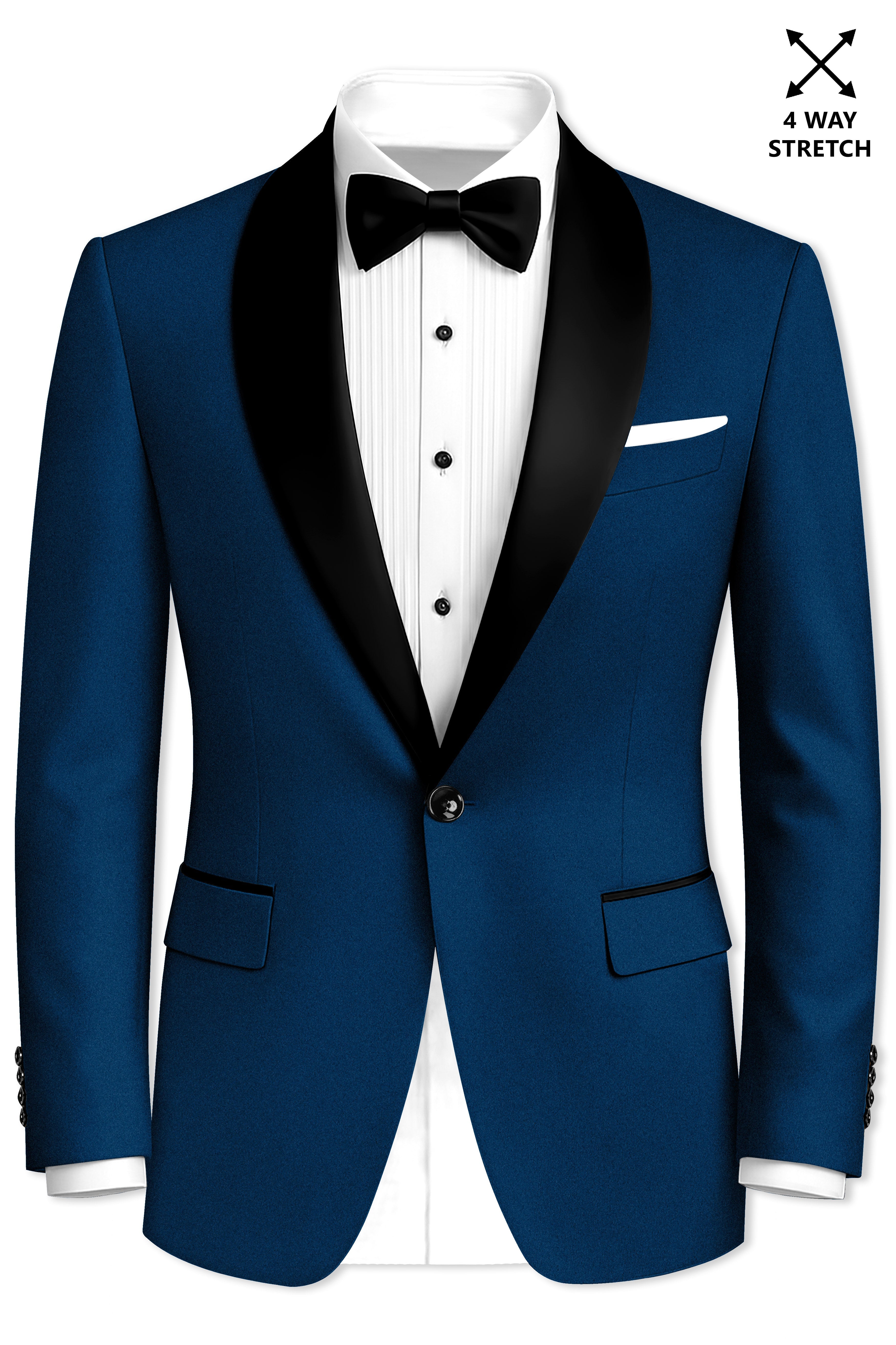 Aureblu-Korean Prussian Blue 4-Way Stretch Wrinkle-Free Wool Rich Tuxedo Blazer