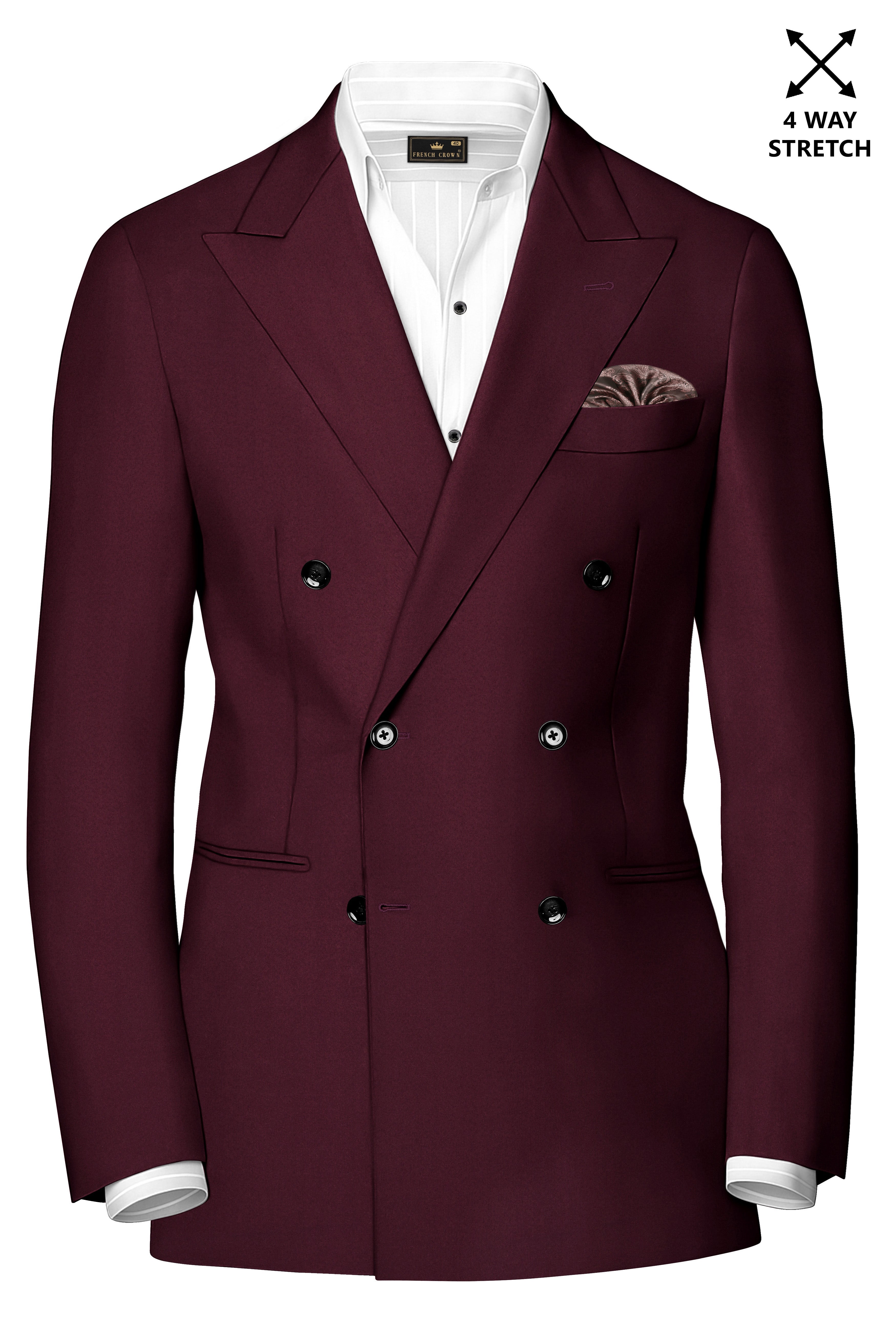 Flexmaro-Korean Crater Maroon 4-Way Stretch Wrinkle-Free Wool Rich Double Breasted Blazer