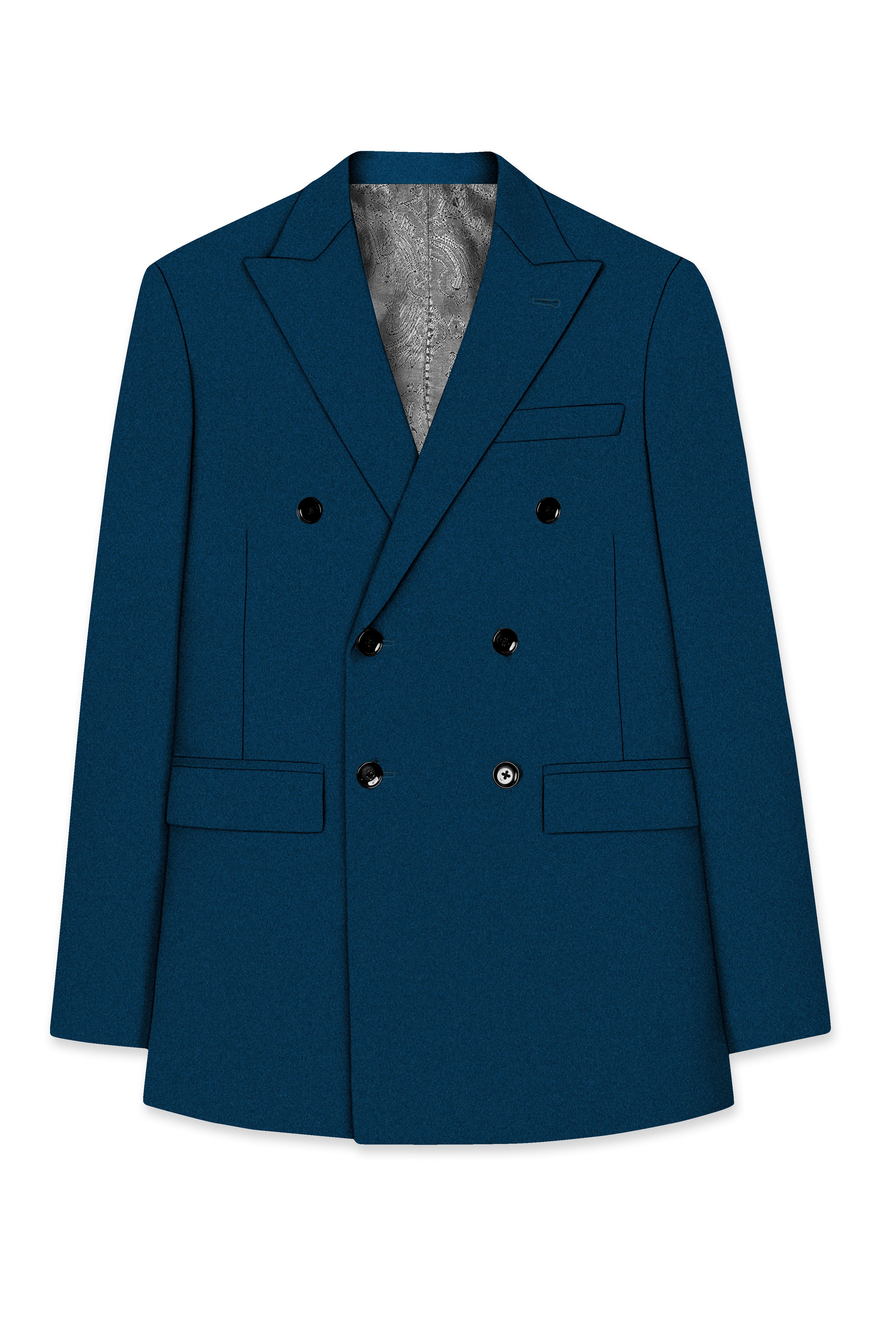 Aureblu-Korean Prussian Blue 4-Way Stretch Wool Rich Double Breasted Blazer