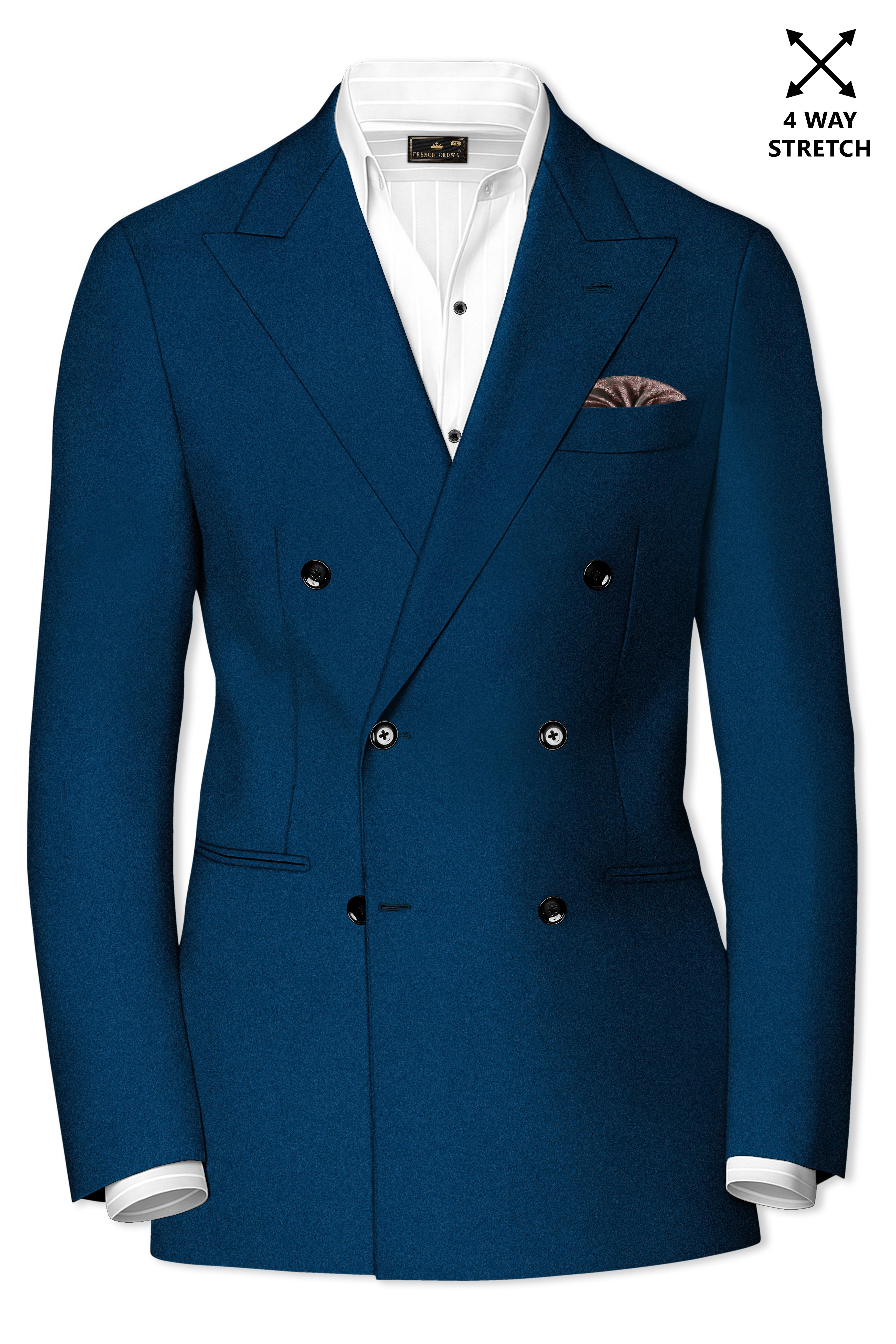 Aureblu-Korean Prussian Blue 4-Way Stretch Wrinkle-Free Wool Rich Double Breasted Blazer