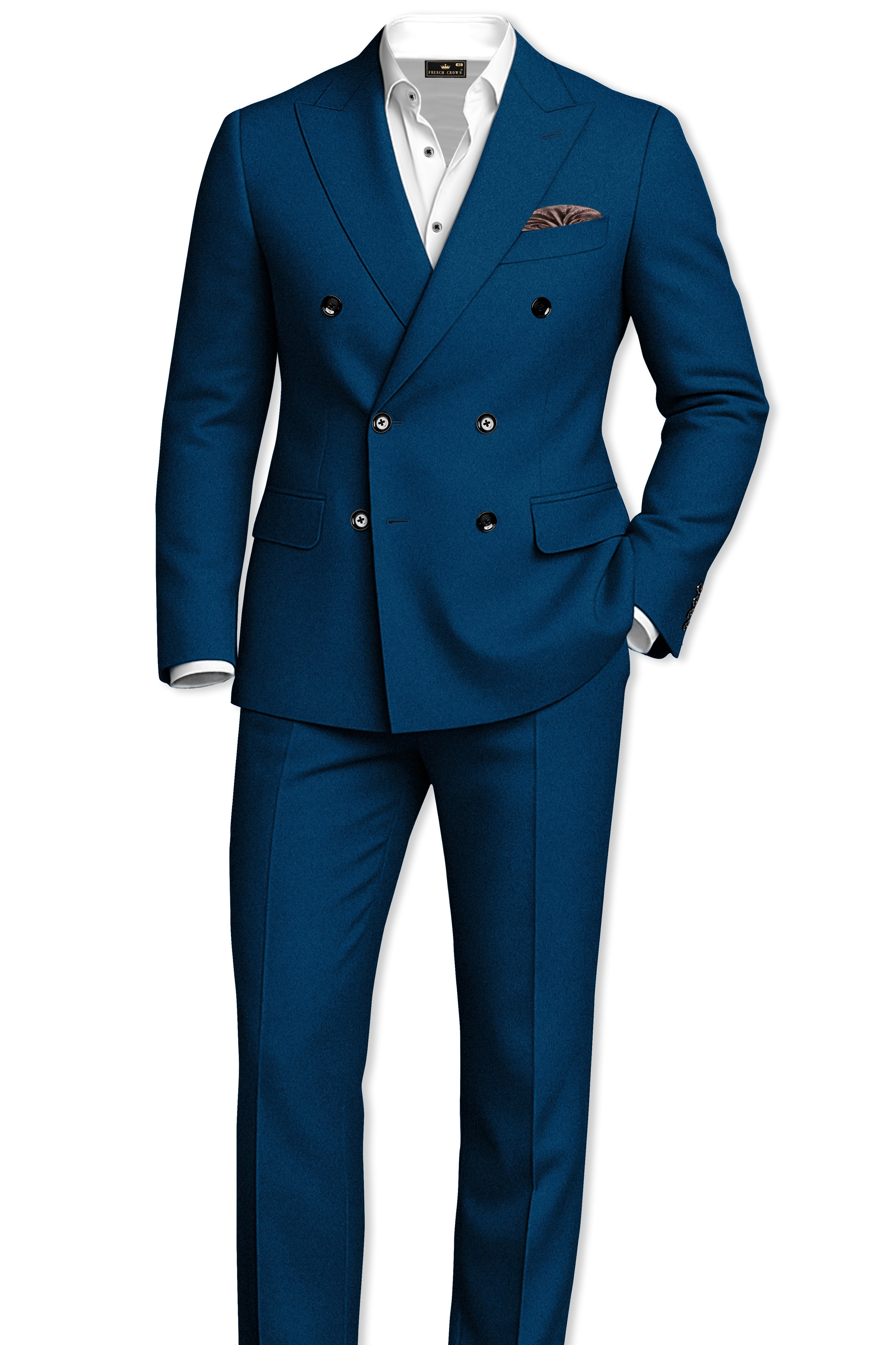 Aureblu-Korean Prussian Blue 4-Way Stretch Wrinkle-Free Wool Rich Double Breasted Blazer