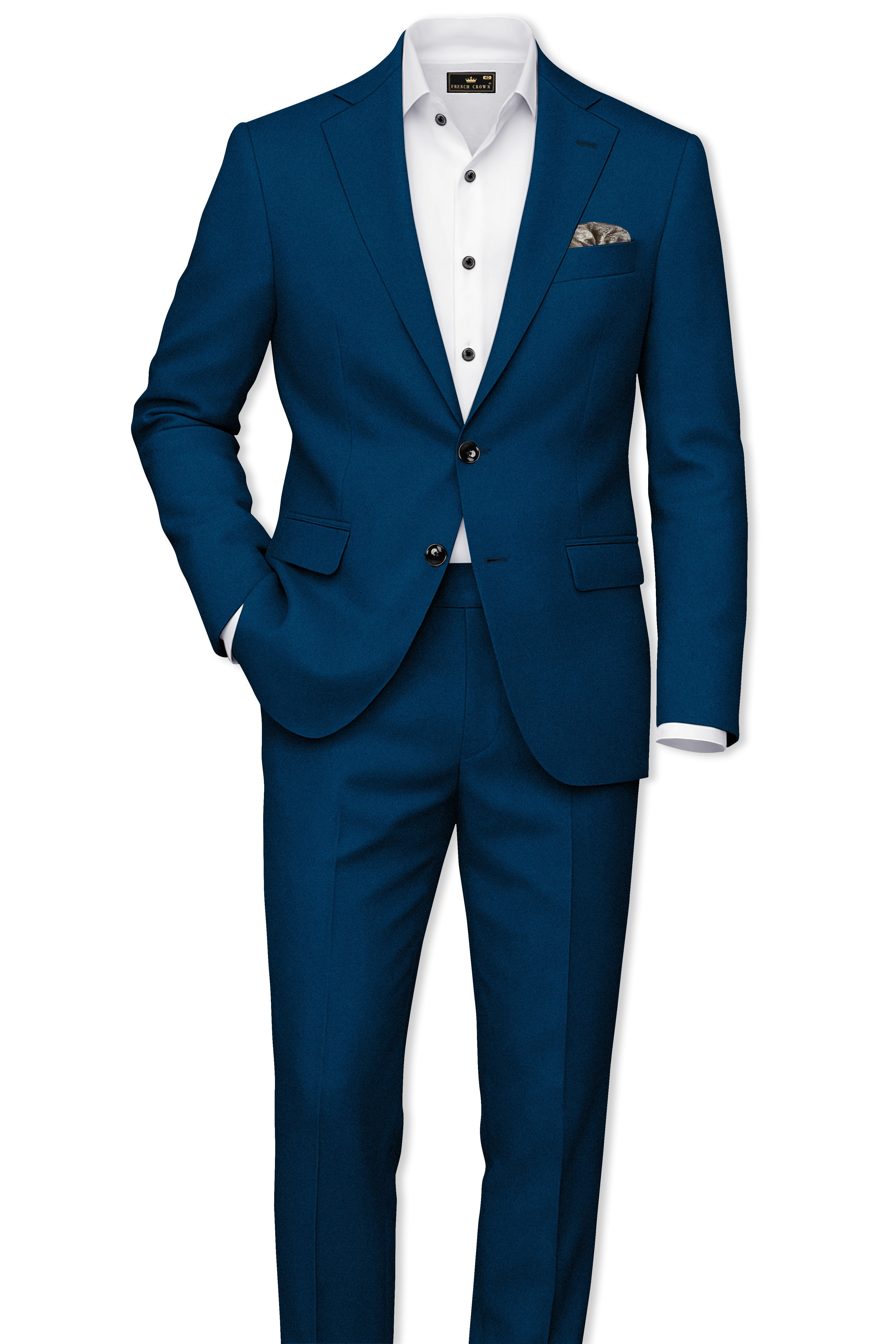 Aureblu-Korean Prussian Blue 4-Way Stretch Wrinkle-Free Wool Rich Single Breasted Blazer