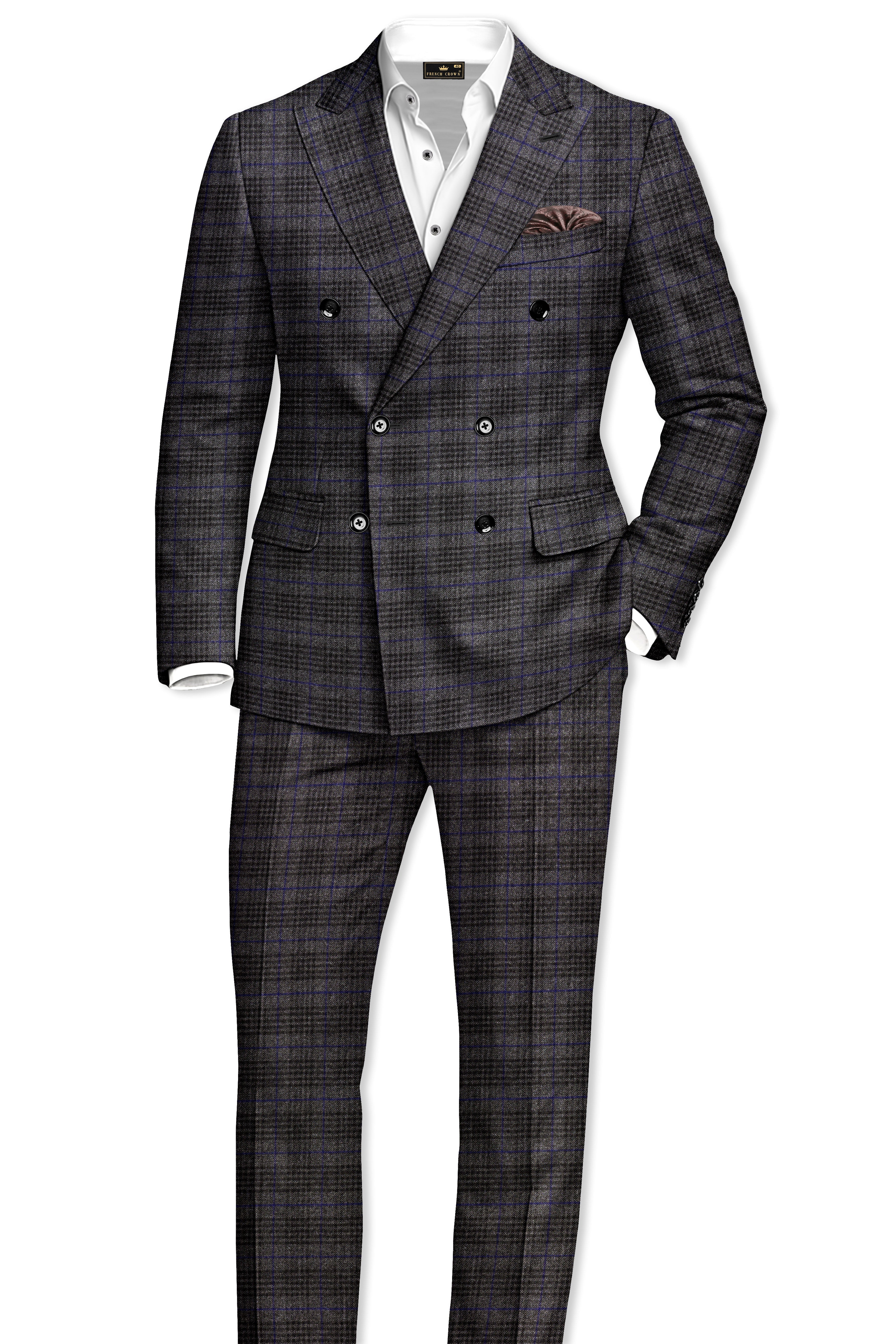 Cinerro-Shark Gray Plaid Tweed Double Breasted Blazer