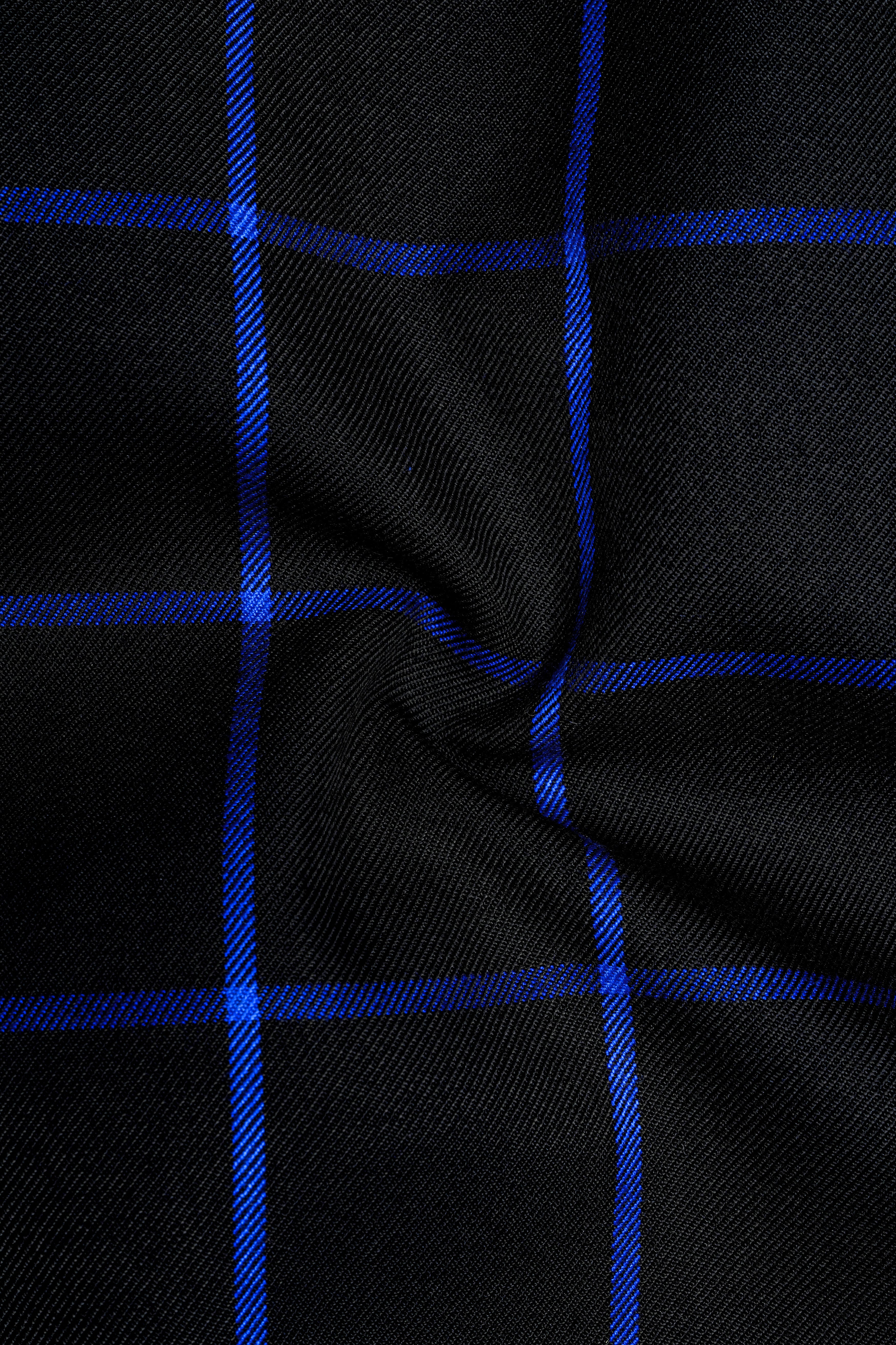 Panevoro-Jade Black With Cerulean Blue Windowpane Wool Rich Bandhgala Blazer