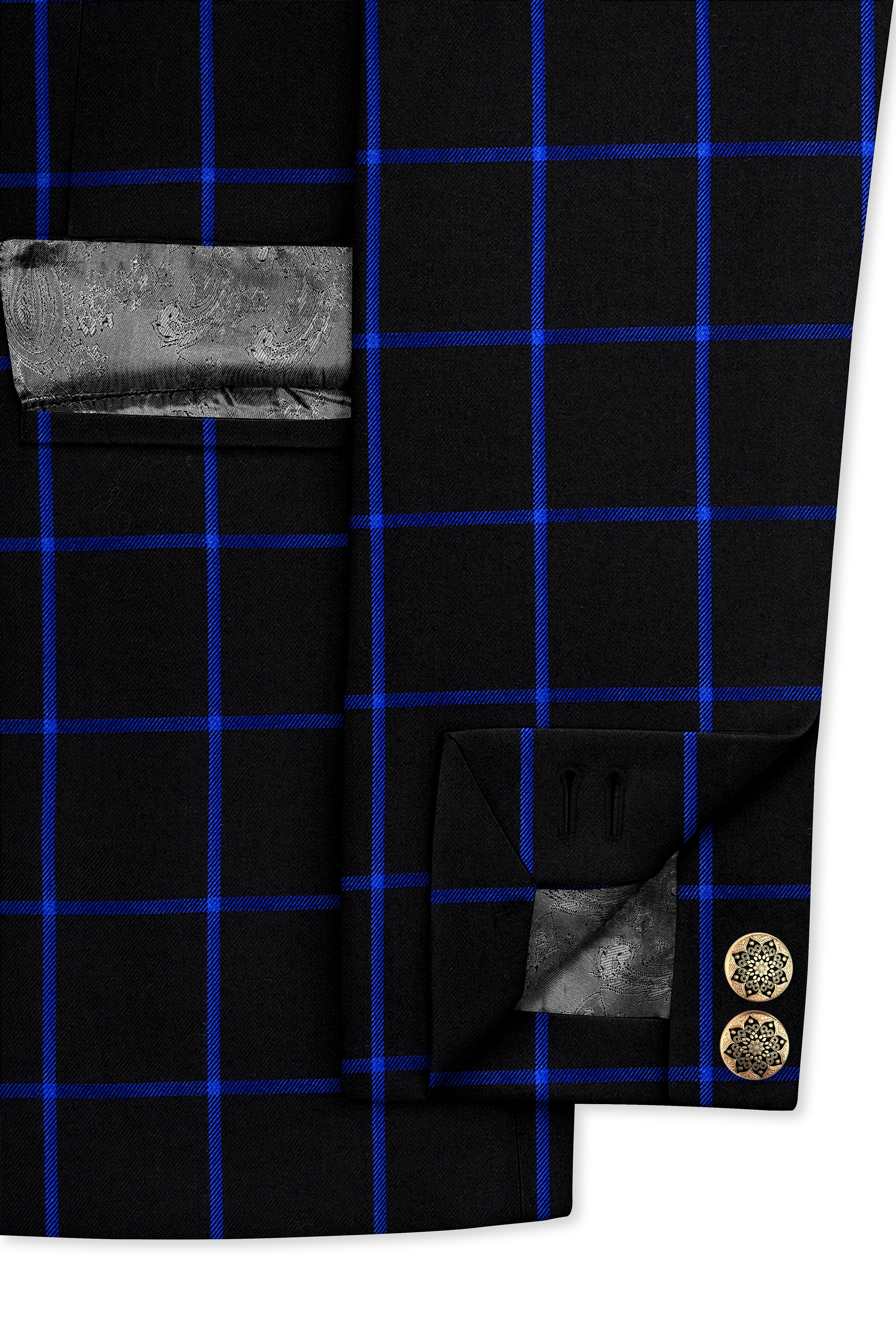 Panevoro-Jade Black With Cerulean Blue Windowpane Wool Rich Bandhgala Blazer