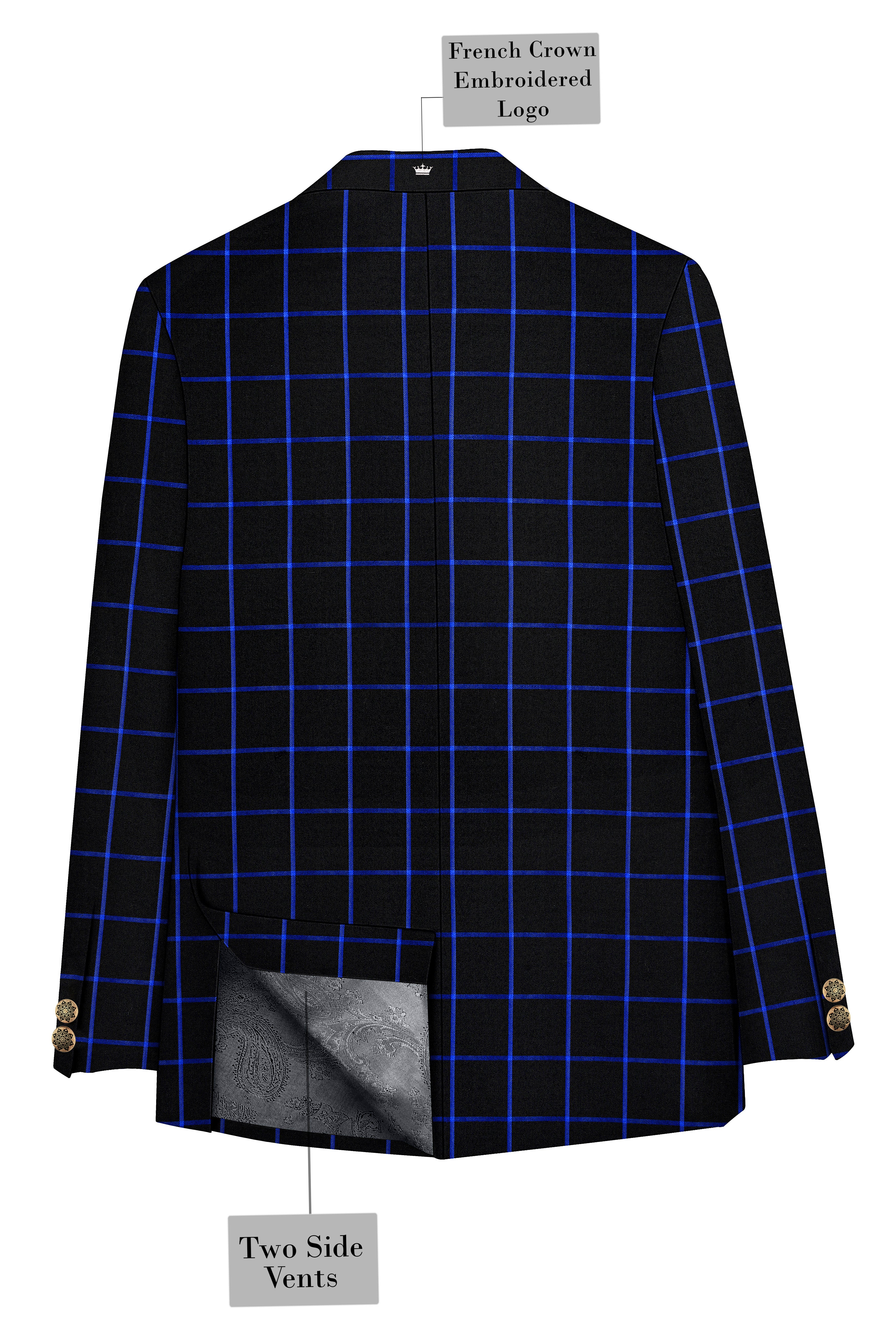 Panevoro-Jade Black With Cerulean Blue Windowpane Wool Rich Bandhgala Blazer