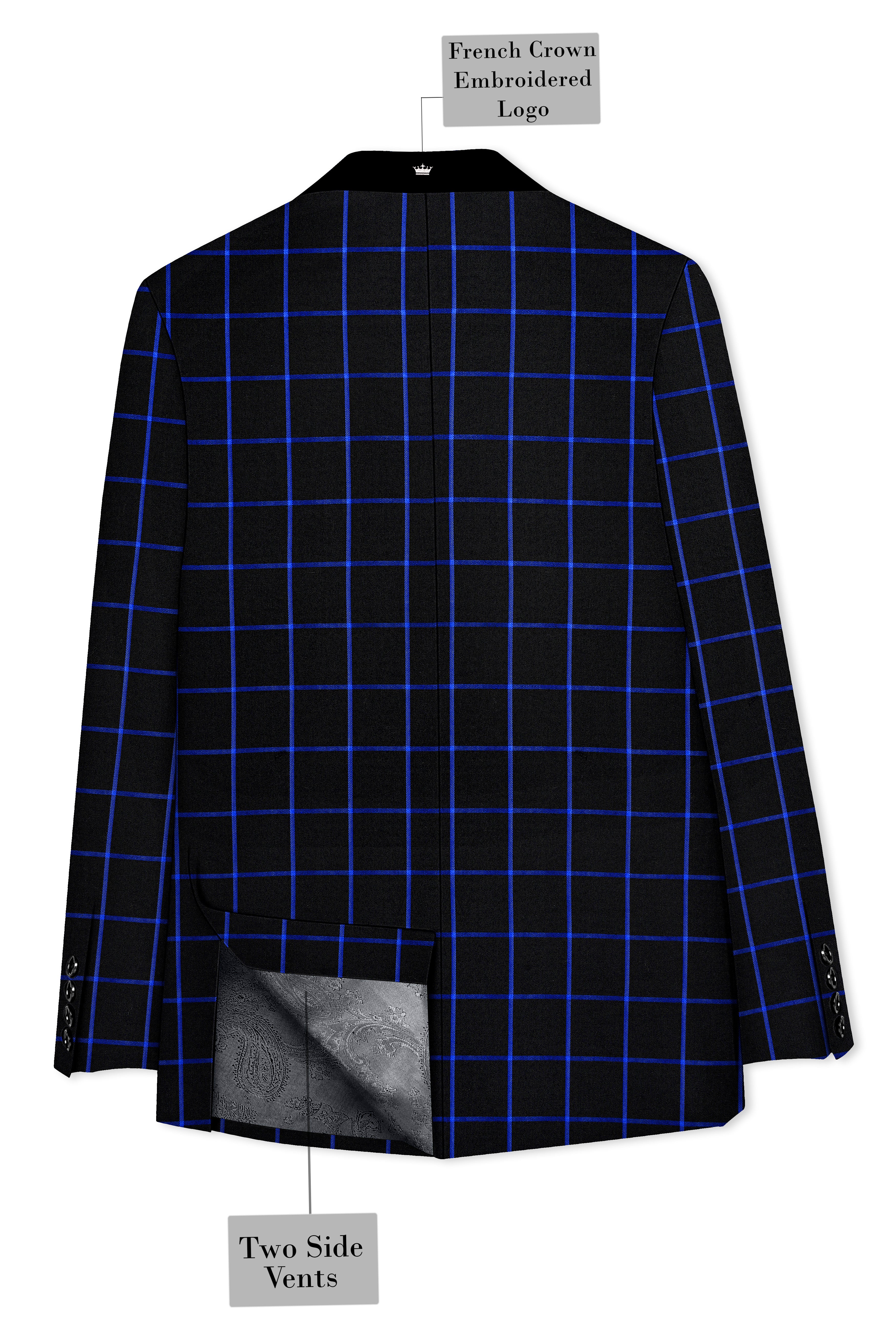 Panevoro-Jade Black With Cerulean Blue Windowpane Wool Rich Tuxedo Blazer