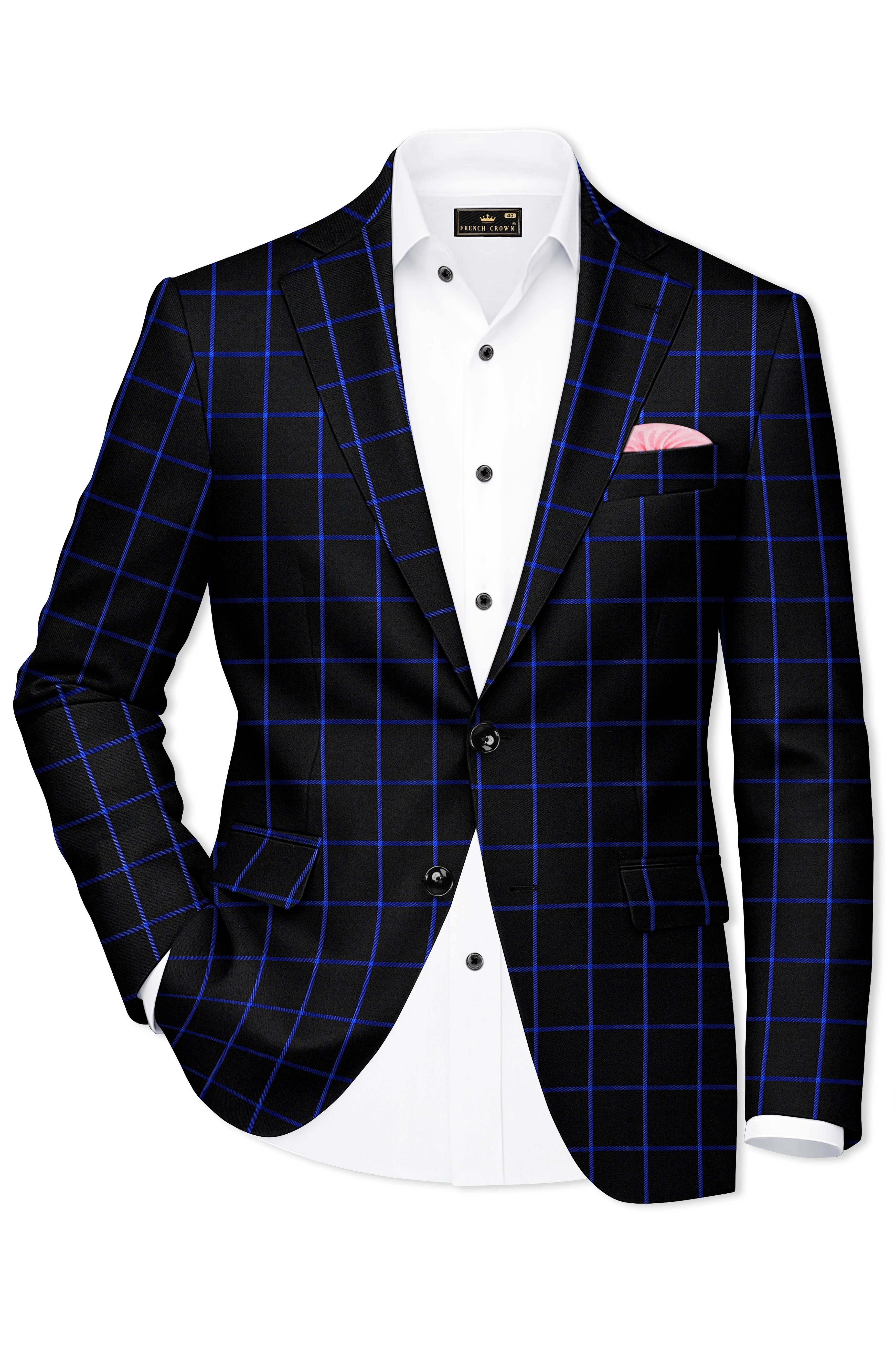 Panevoro-Jade Black With Cerulean Blue Windowpane Wool Rich Single Breasted Blazer