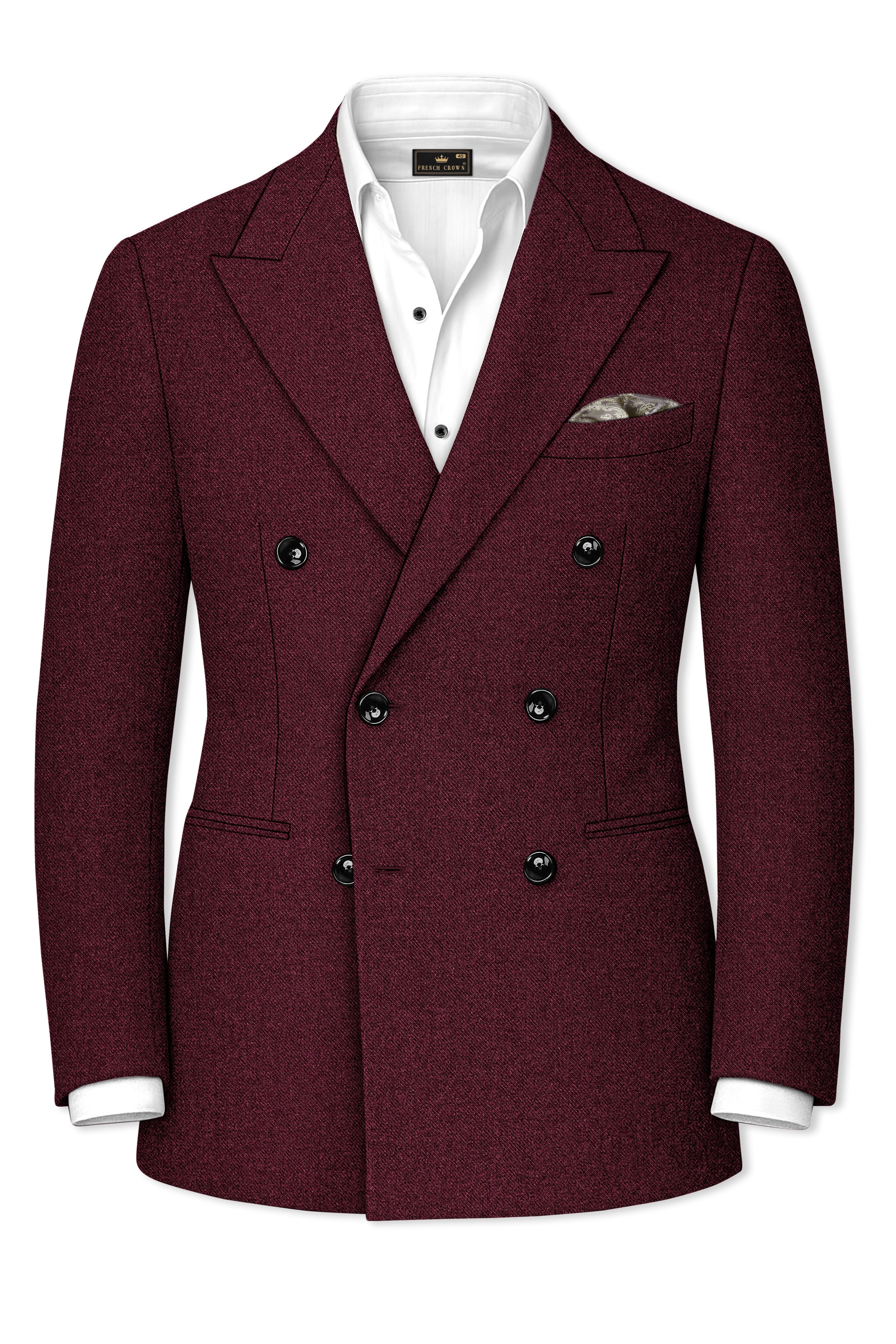 Burgvoro-Crated Maroon Textured Tweed Double Breasted Blazer