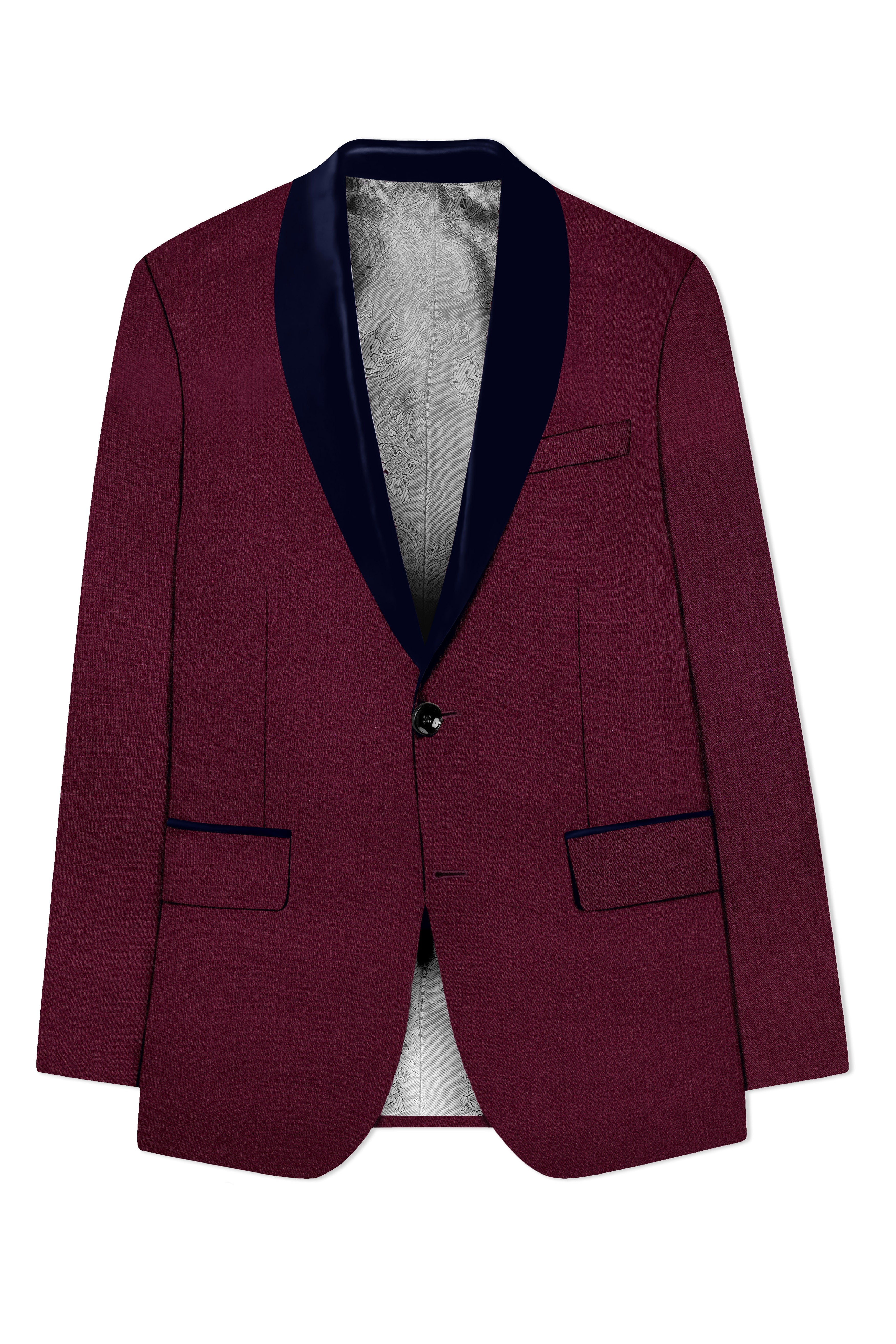 Regal Maroon-Tamarind With Blue Lepal Solid Wool Rich Tuxedo Blazer