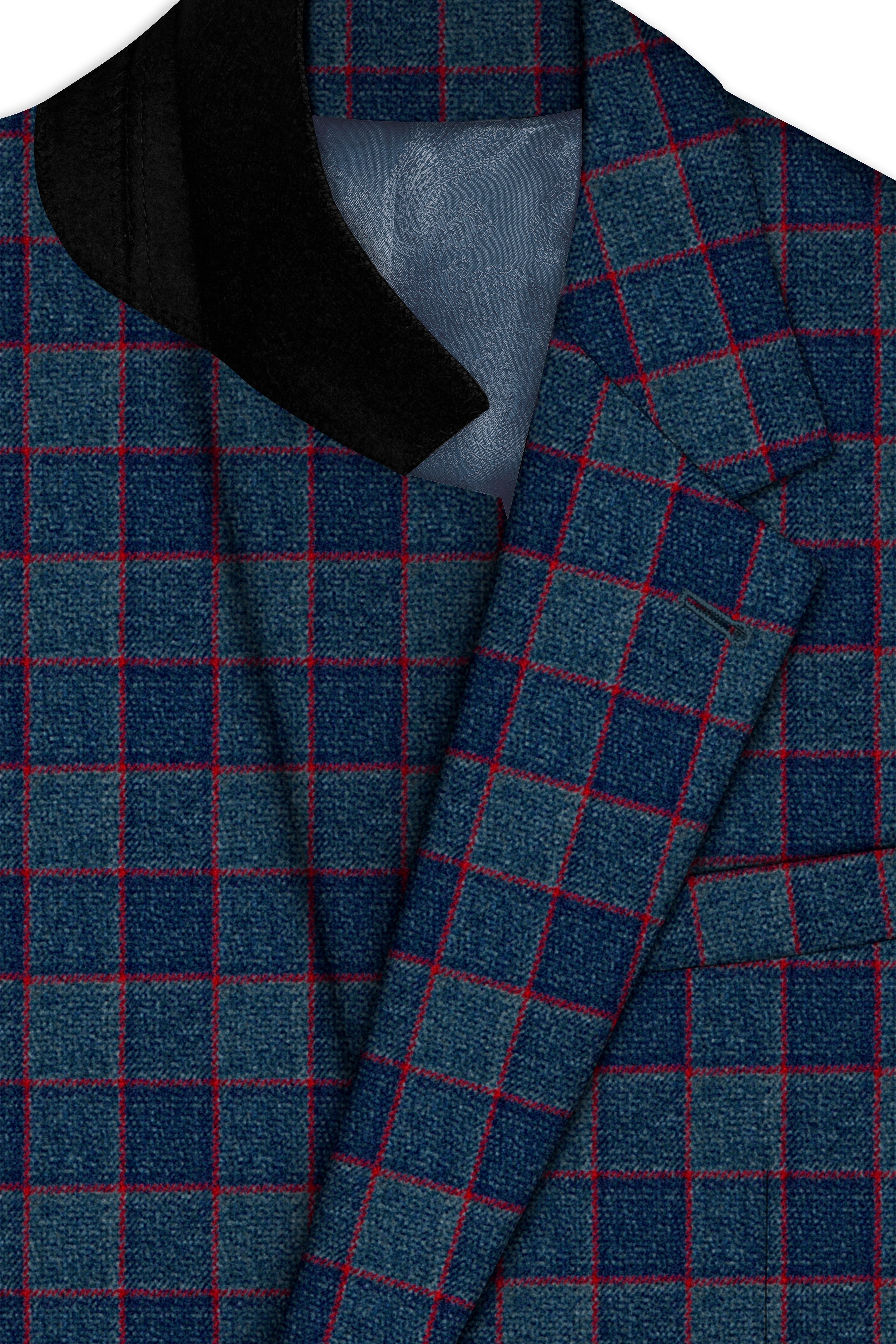 Panevoro-Vintage Blue Windowpane Premium Cotton Single Breasted Blazer