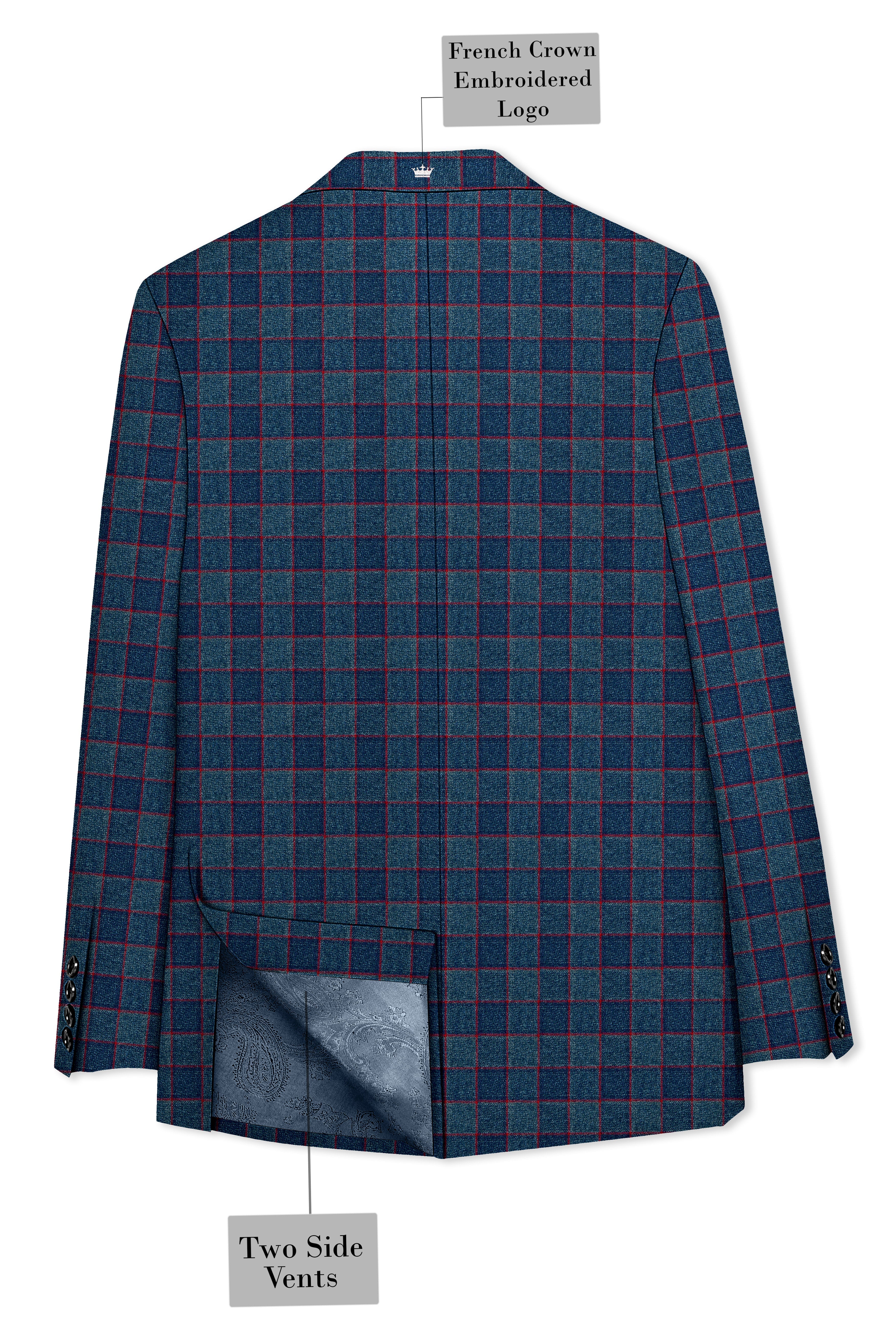 Panevoro-Vintage Blue Windowpane Premium Cotton Single Breasted Blazer