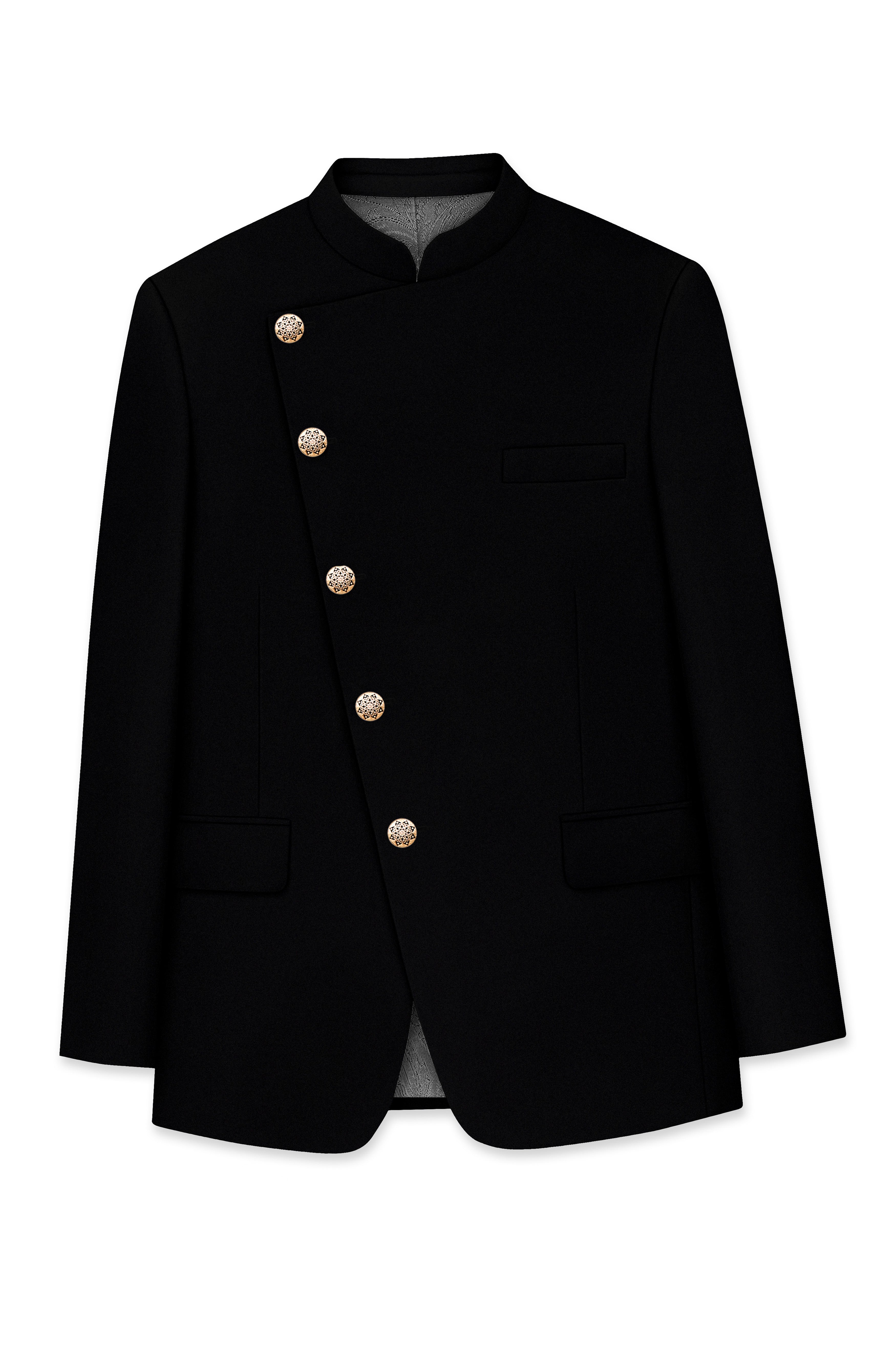 Kuro-Japanese Black 4-Way Stretch Wrinkle-Free Fluid Drape Fabric Cross Placket Bandhgala Blazer