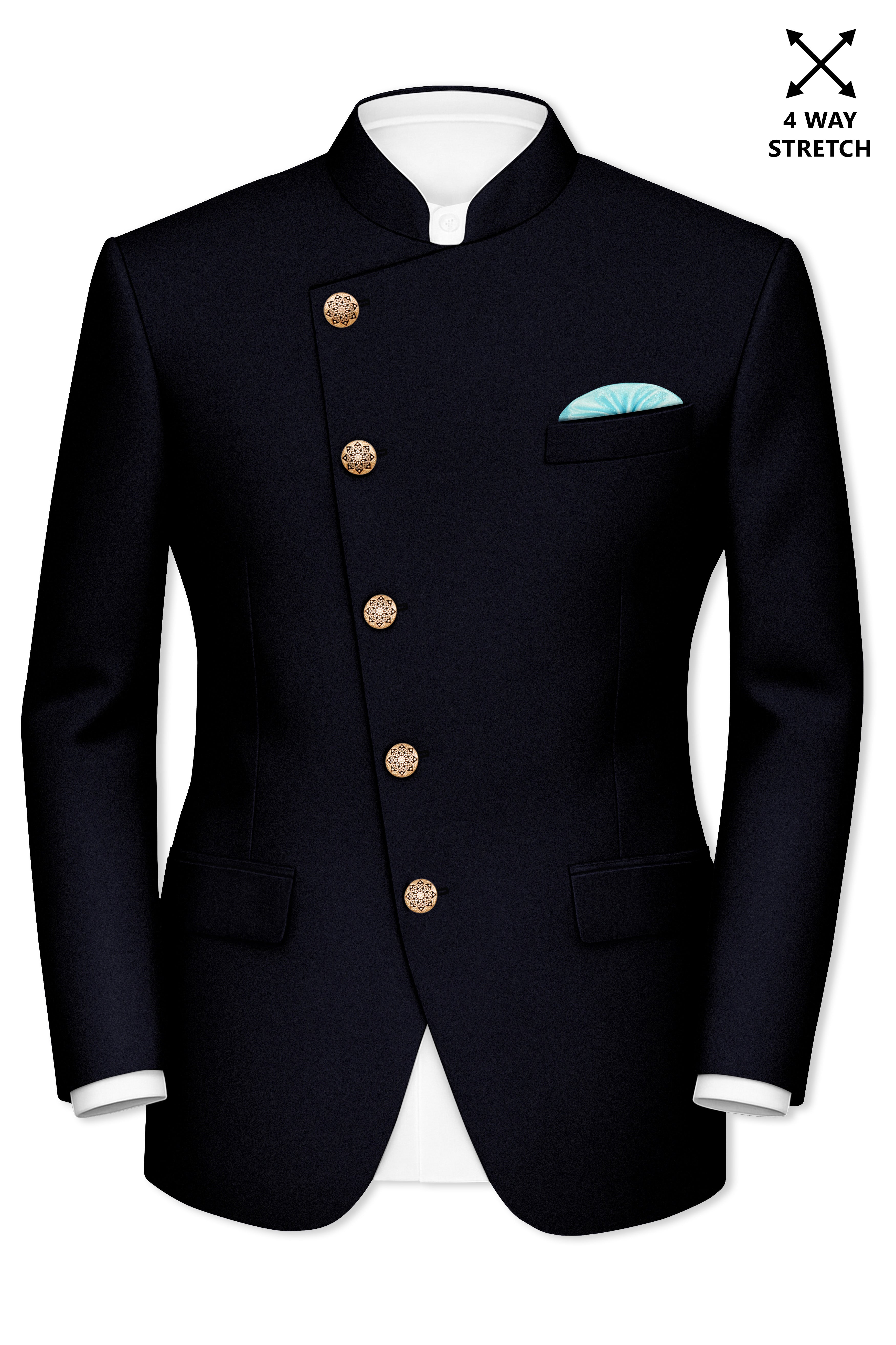 Aozora-Japanese Marine Blue 4-Way Stretch Wrinkle-Free Wool Rich Cross Placket Bandhgala Blazer