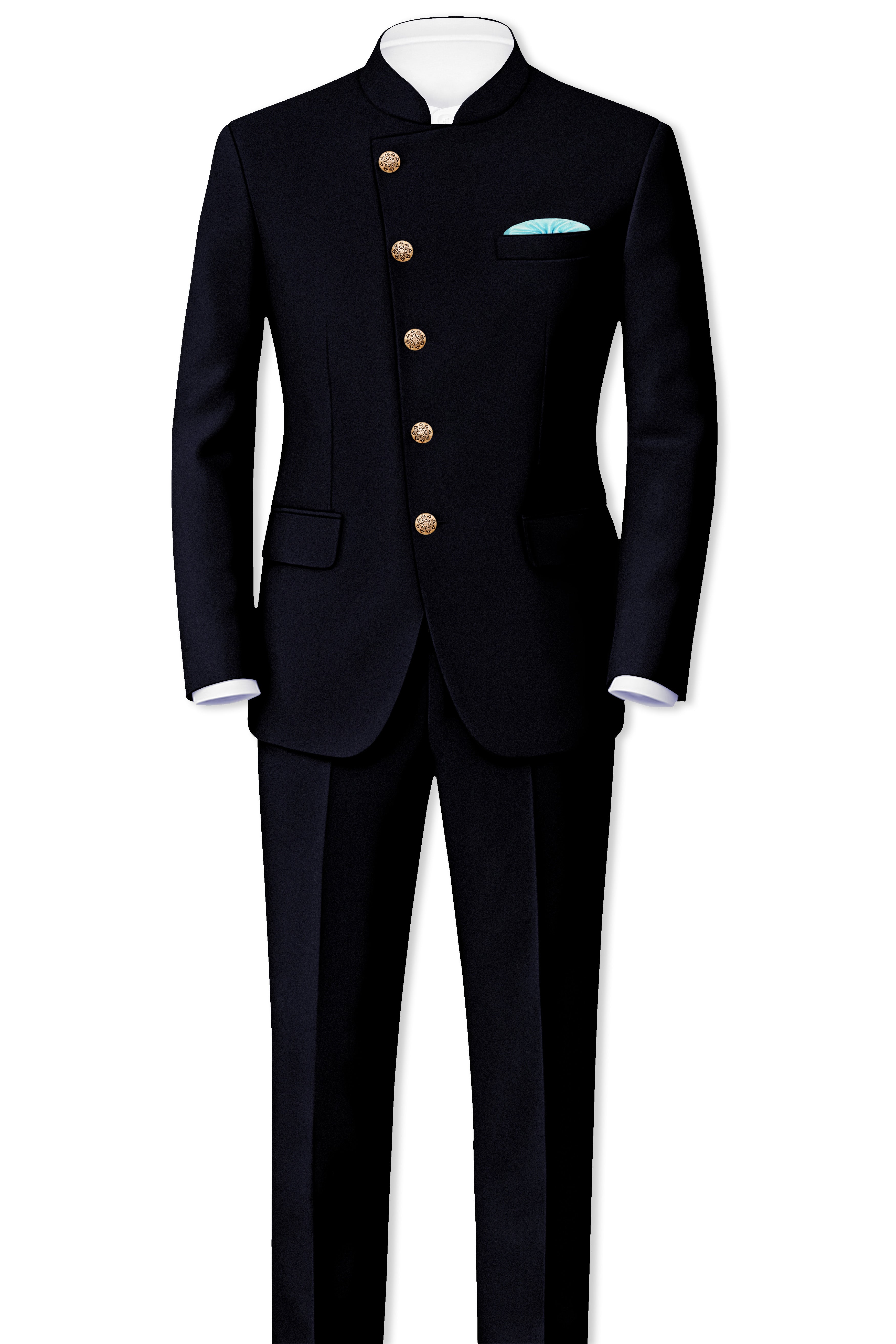 Aozora-Japanese Marine Blue 4-Way Stretch Wrinkle-Free Wool Rich Cross Placket Bandhgala Blazer