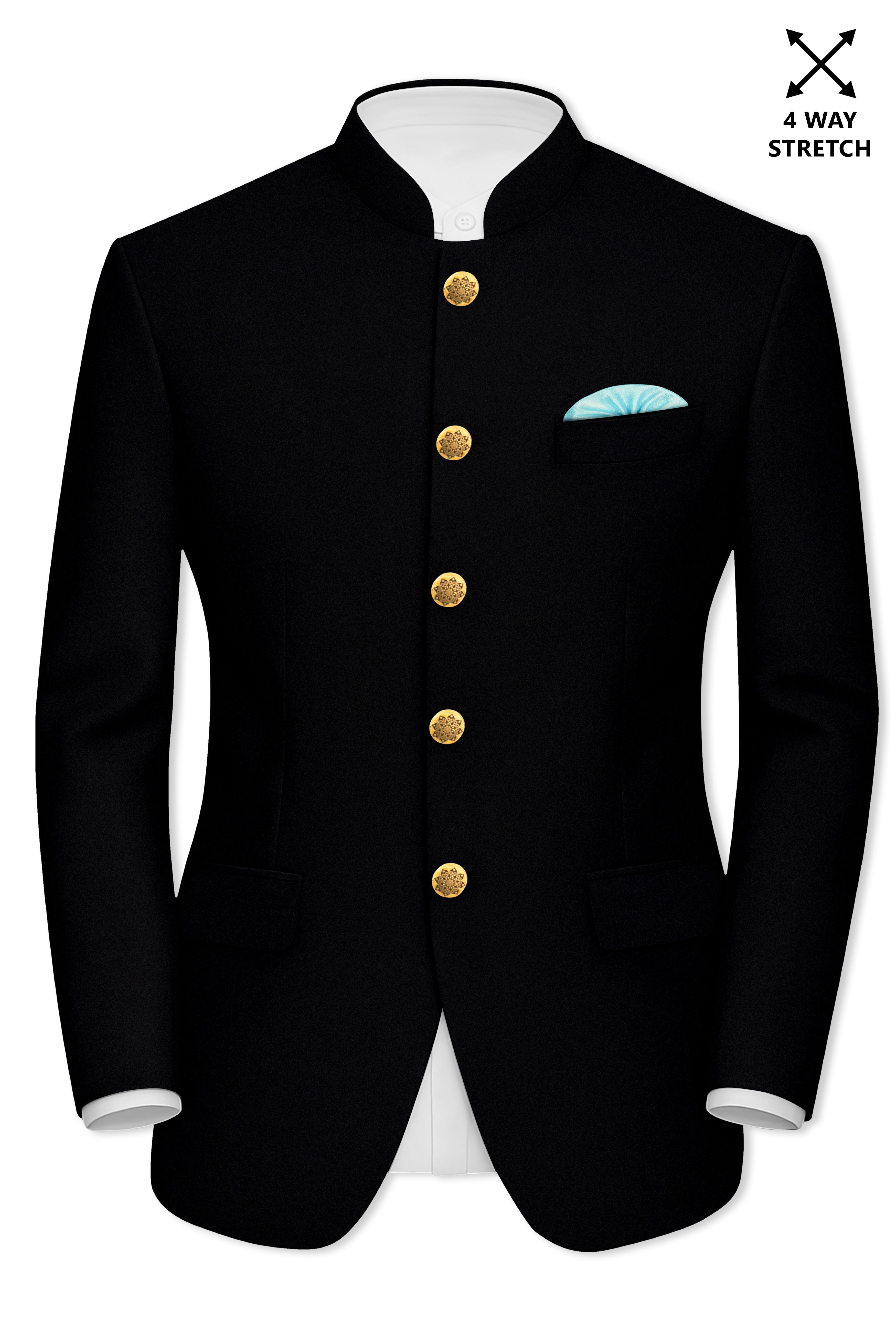 Kuro-Japanese Jade Black 4-Way Stretch Wrinkle-Free Wool Rich Bandhgala Blazer