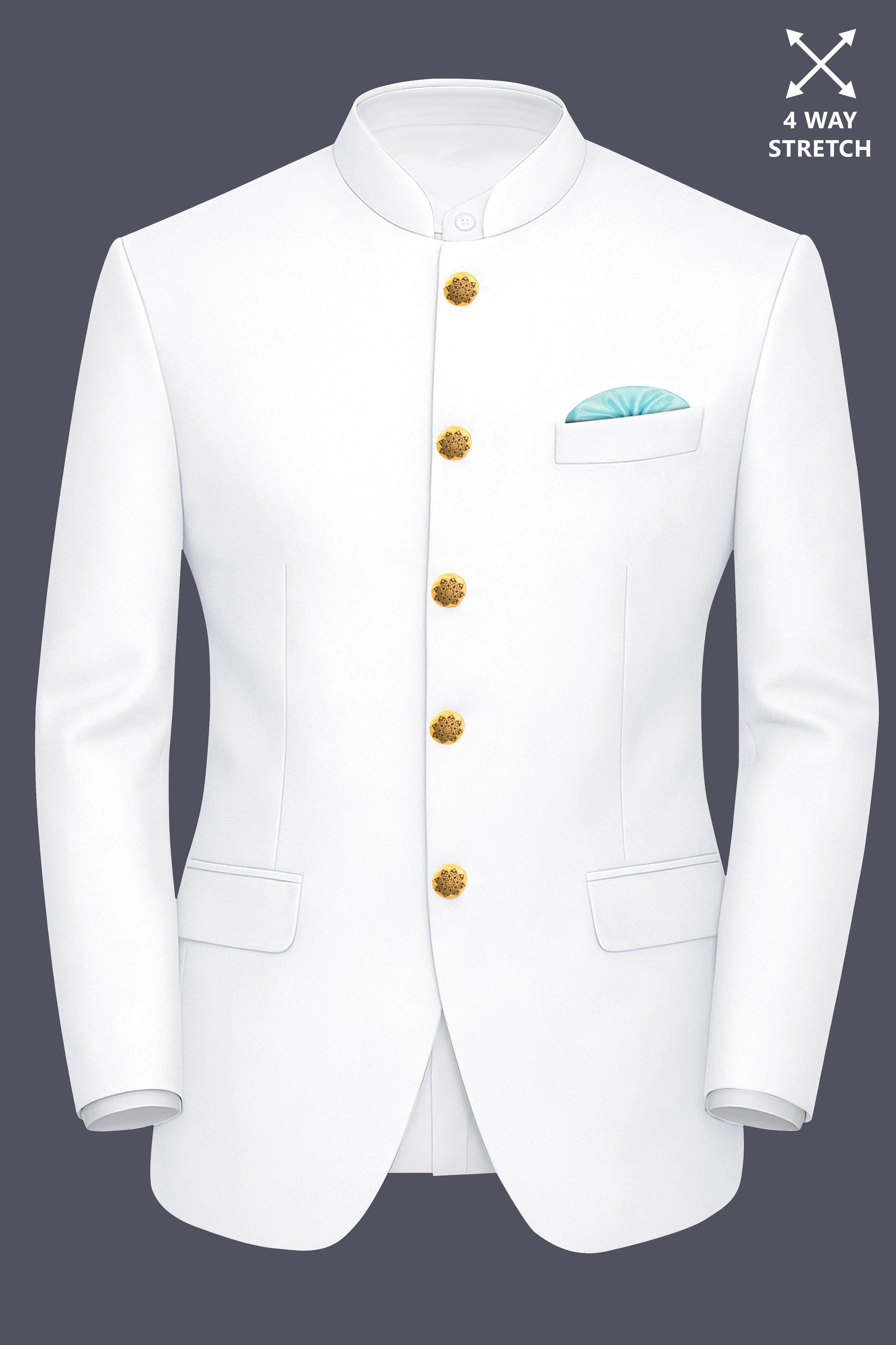 Shiro-Japanese Bright White 4-Way Stretch Wrinkle-Free Wool Rich Bandhgala Blazer