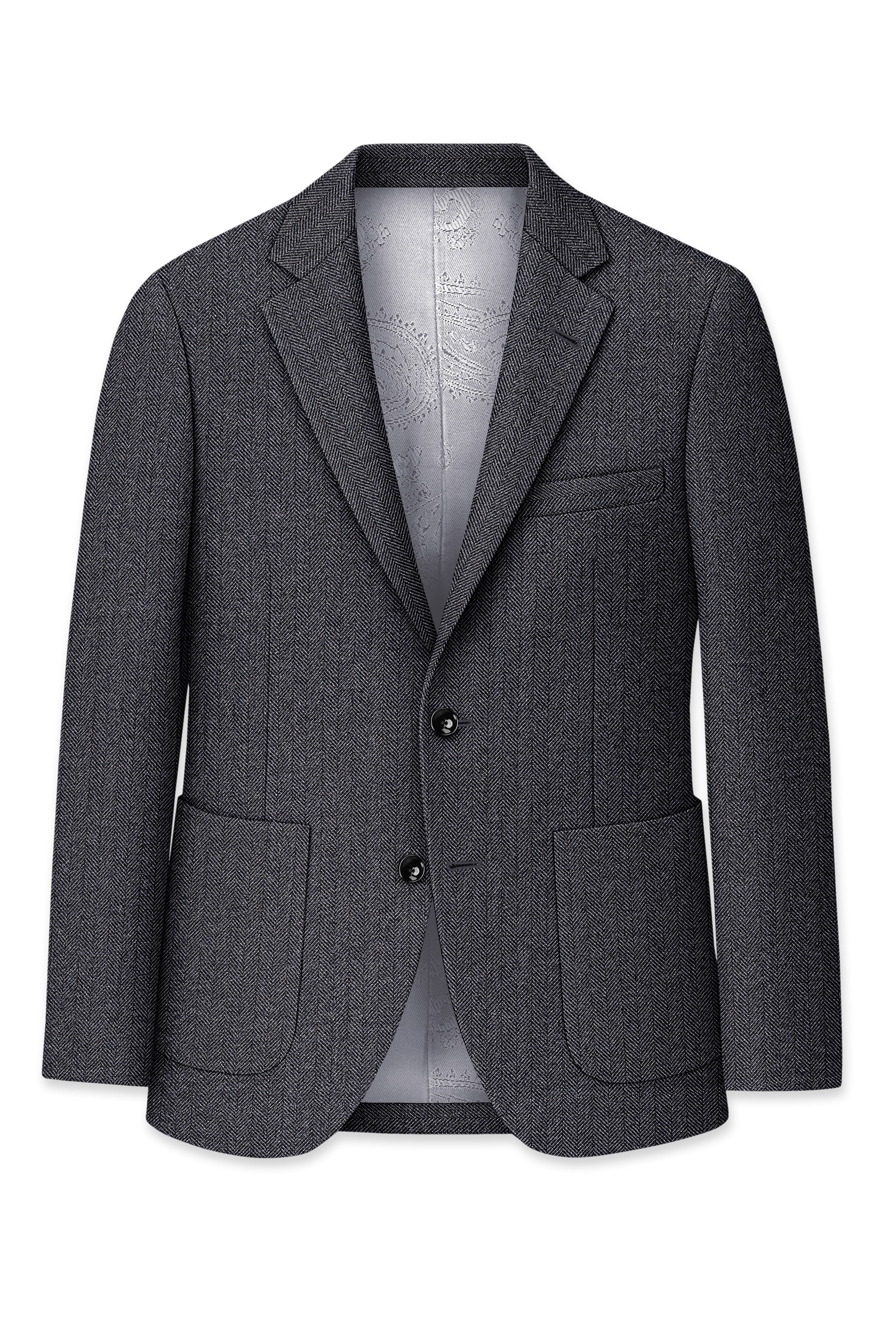 Silvoro-Iridium Gray Herringbone Textured Tweed Single Breasted Sports Blazer
