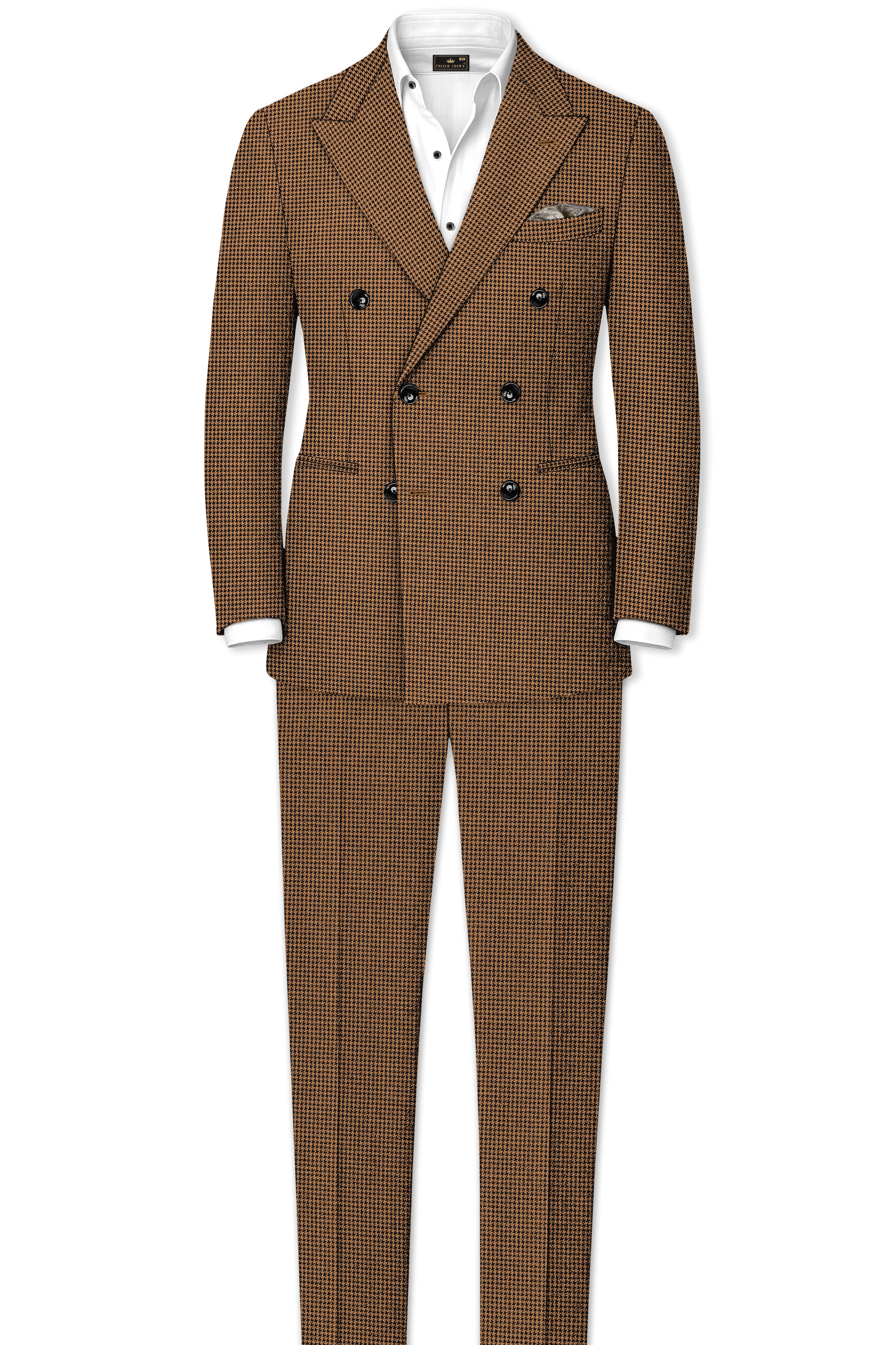 Regalis-Rope Brown Classic Houndstooth Textured Tweed Double Breasted Blazer