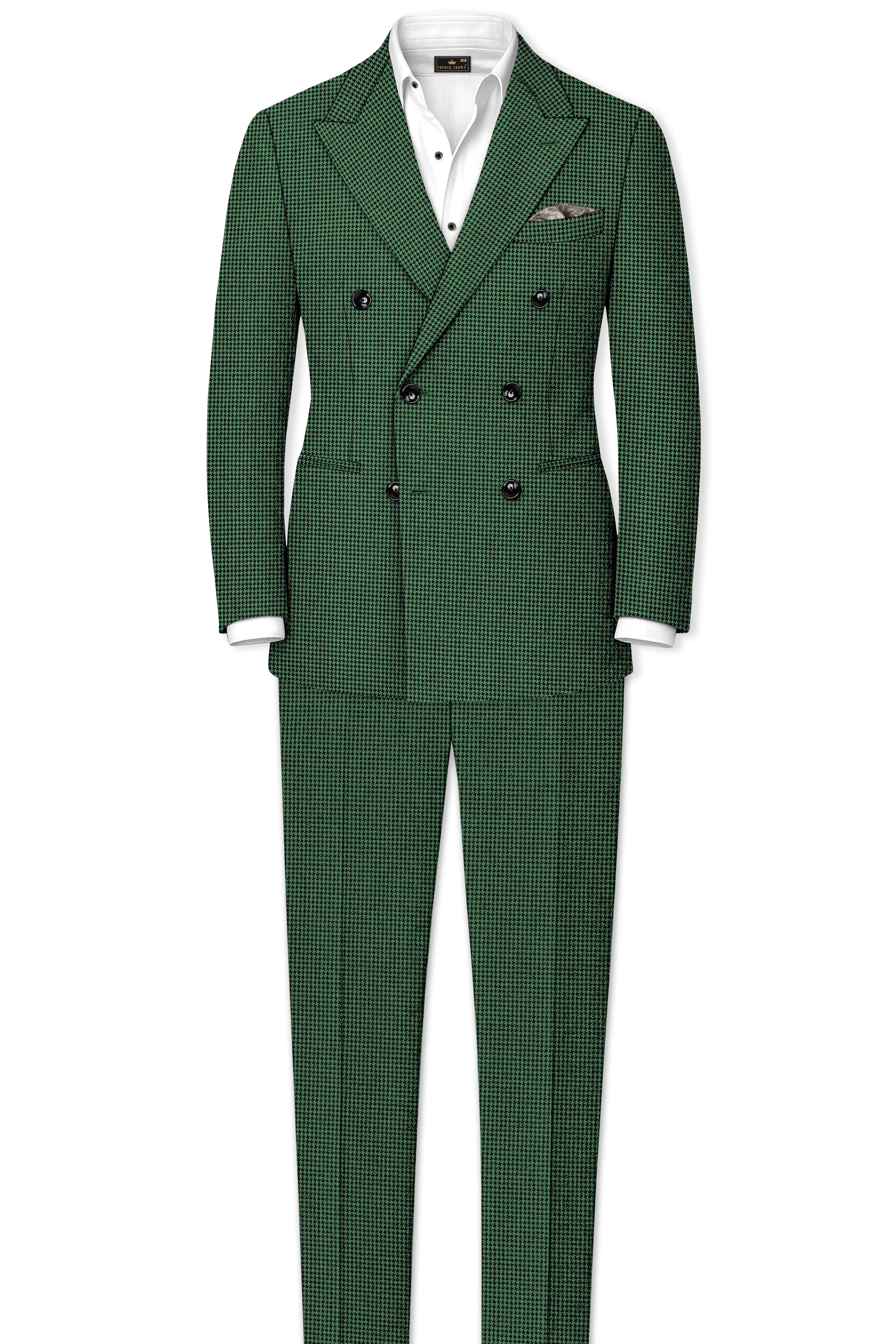 Regent-Plantation Green Classic Houndstooth Textured Tweed Double Breasted Blazer