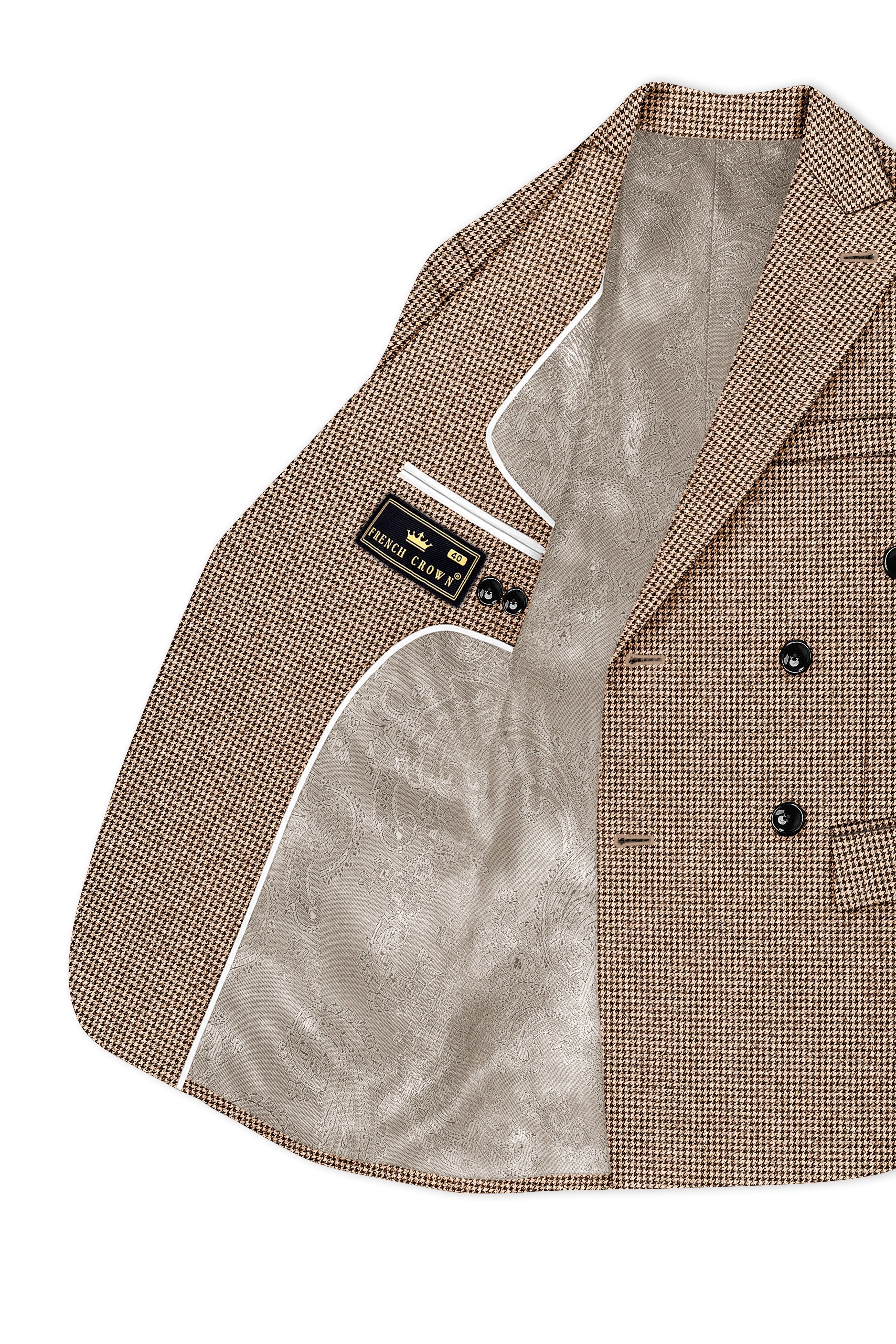 Scholar-Mocha Brown Classic Houndstooth Textured Tweed Double Breasted Blazer