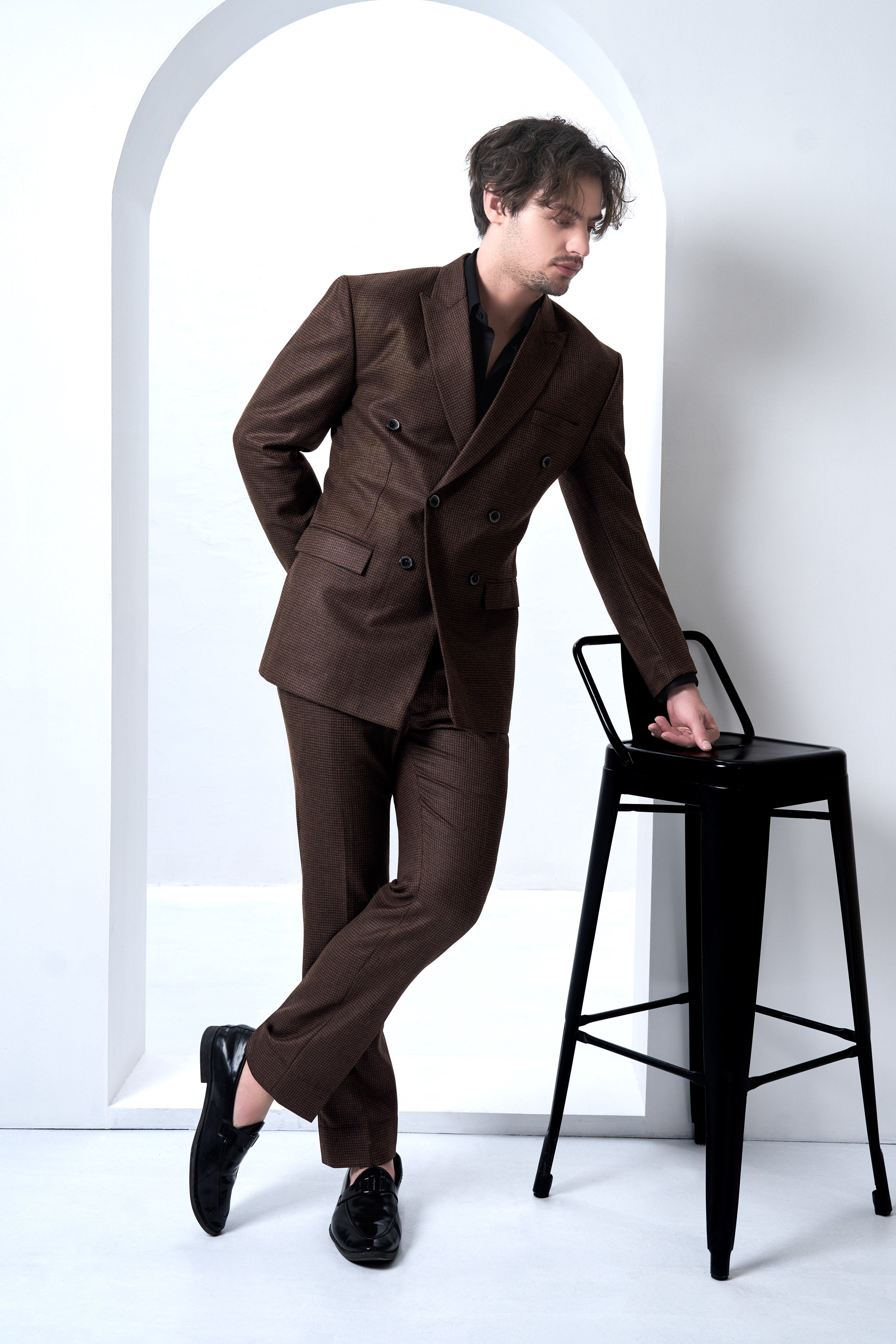 Sylvan-Woody Brown Classic Houndstooth Textured Tweed Double Breasted Blazer