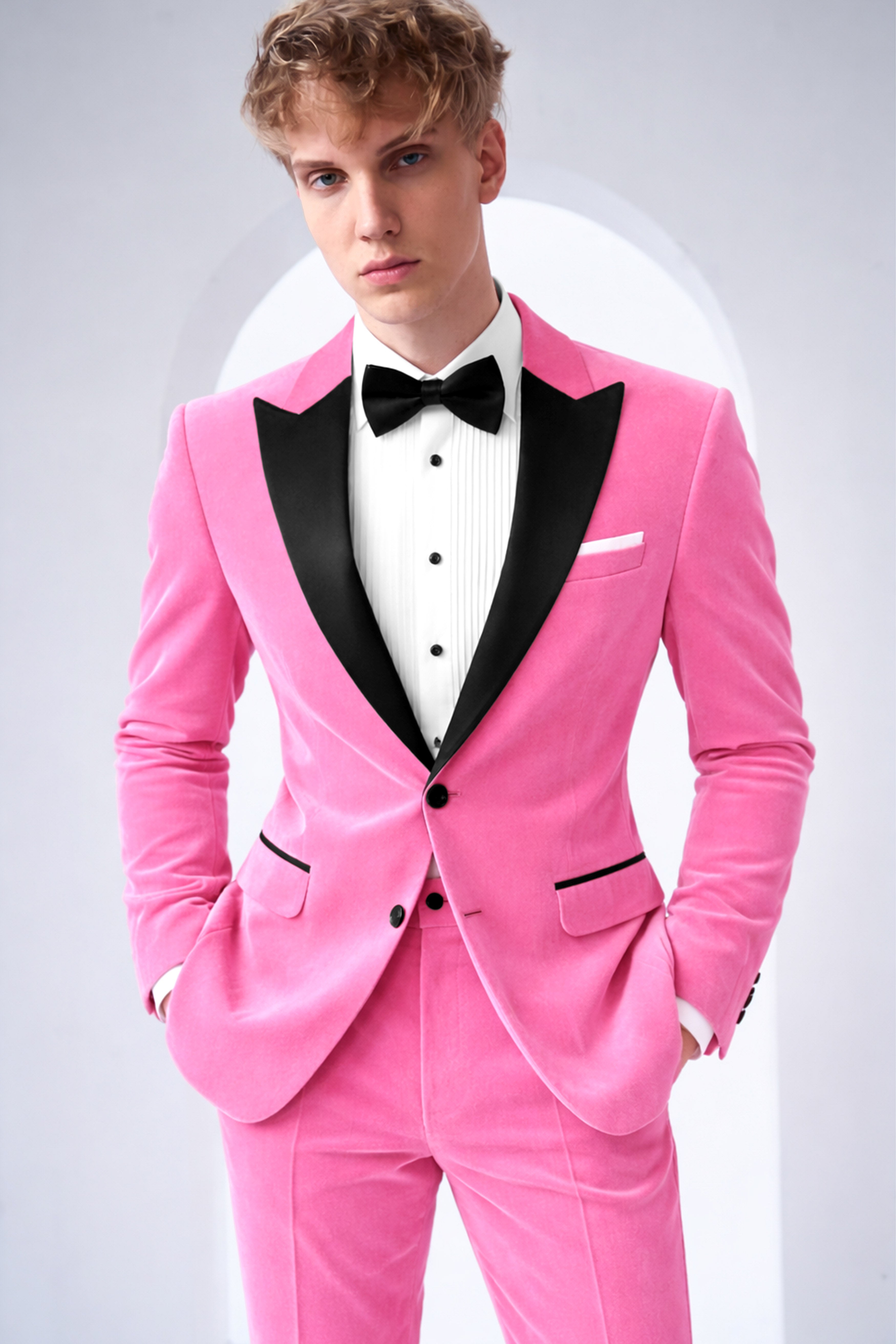 Regalis-Carnation Pink Velvet Peak Lapel Tuxedo Blazer