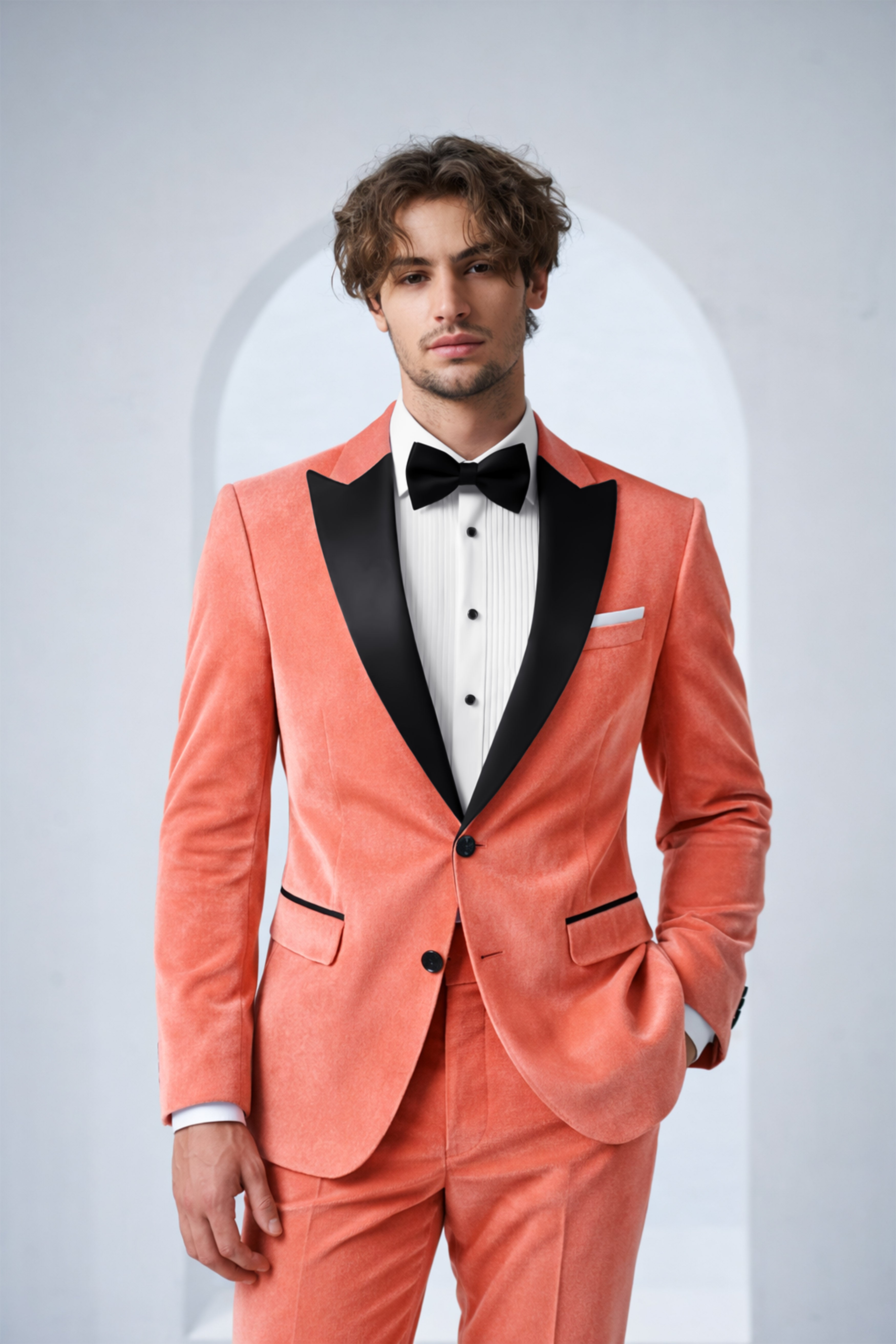 Saffron-Bittersweet Orange Velvet Peak Lapel Tuxedo Blazer