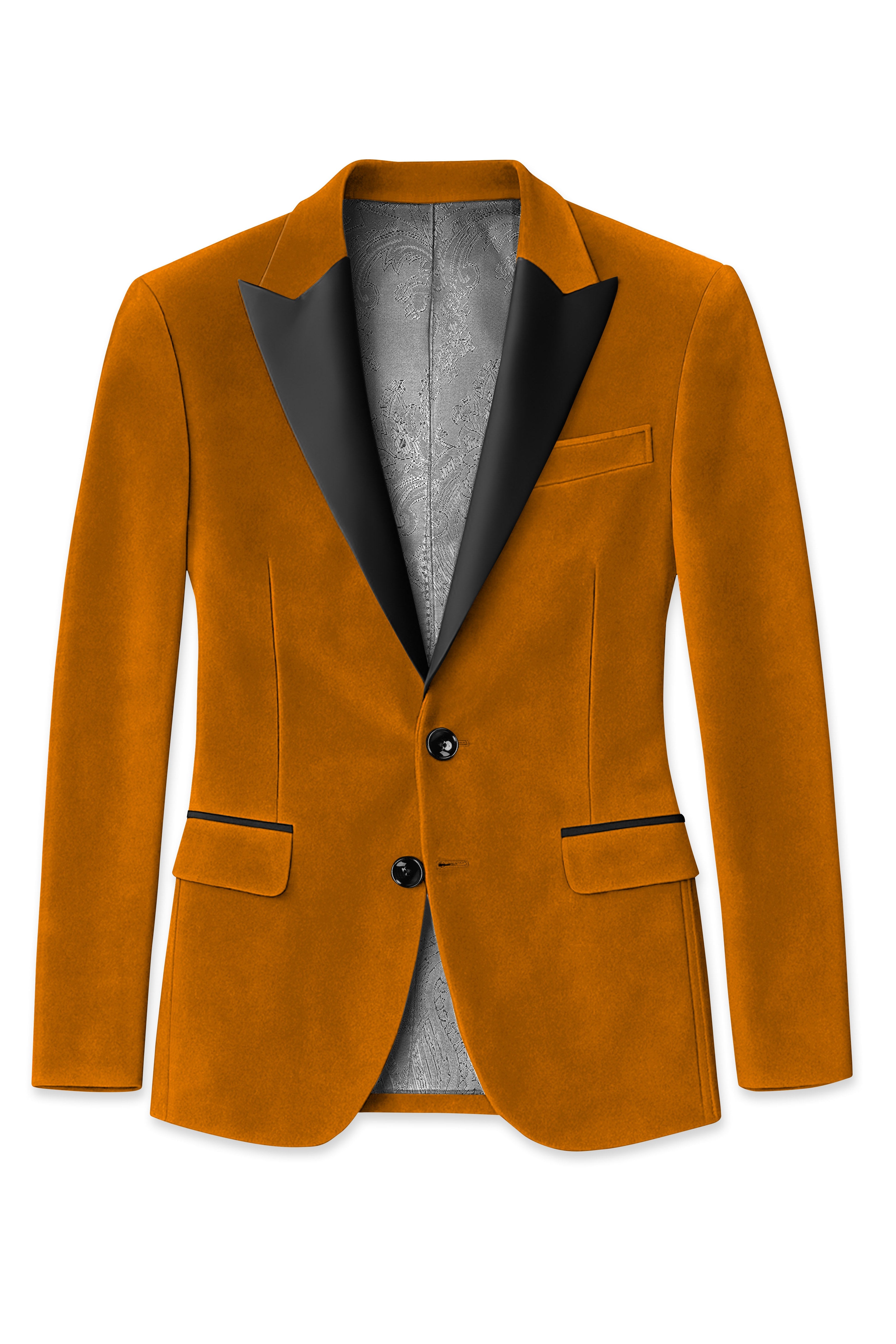 Volcan-Fiery Orange Velvet Peak Lapel Tuxedo Blazer