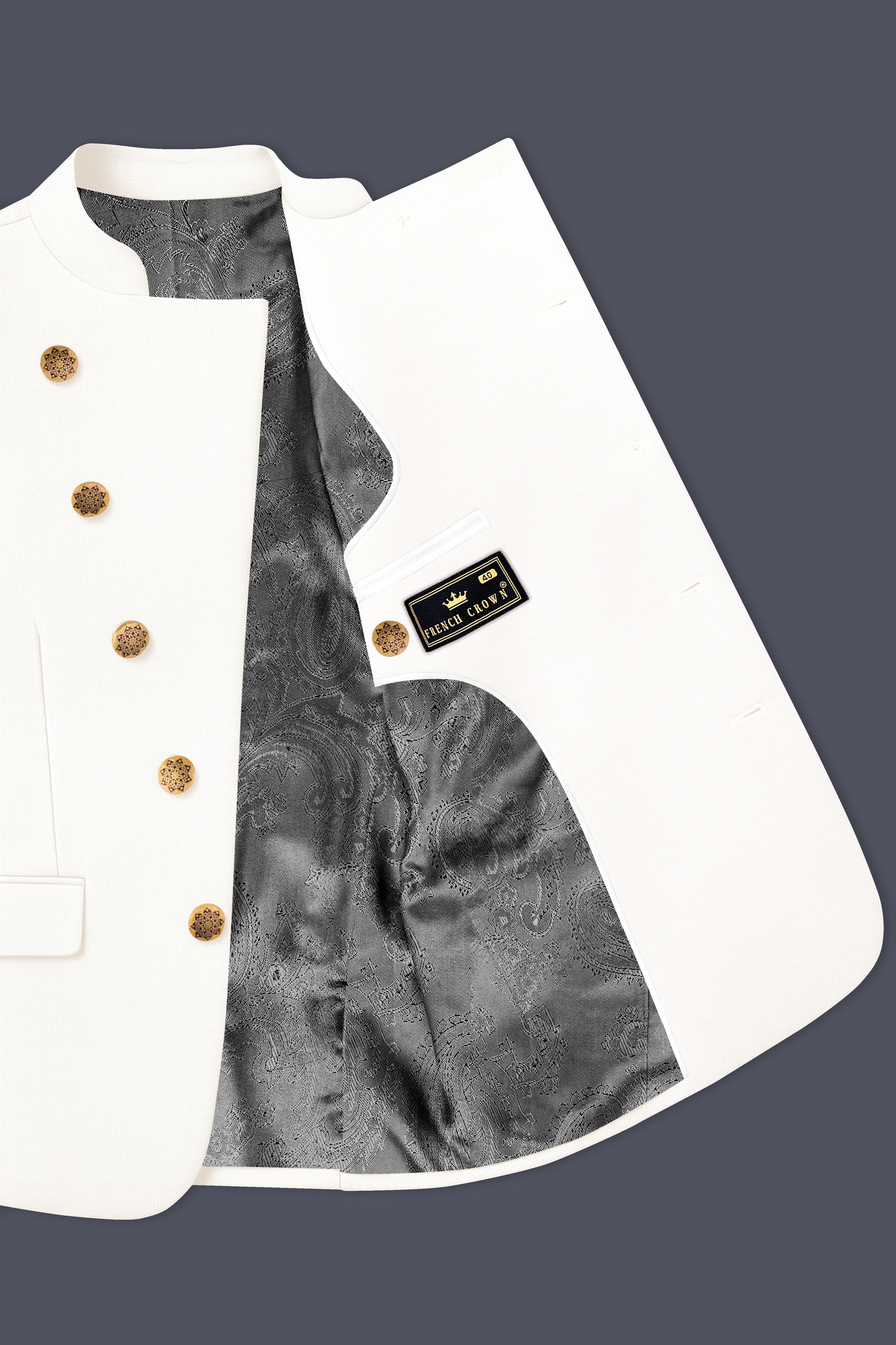 Ivory-Cararra Cream Wool Rich Cross Placket Bandhgala Slight Stretch Blazer