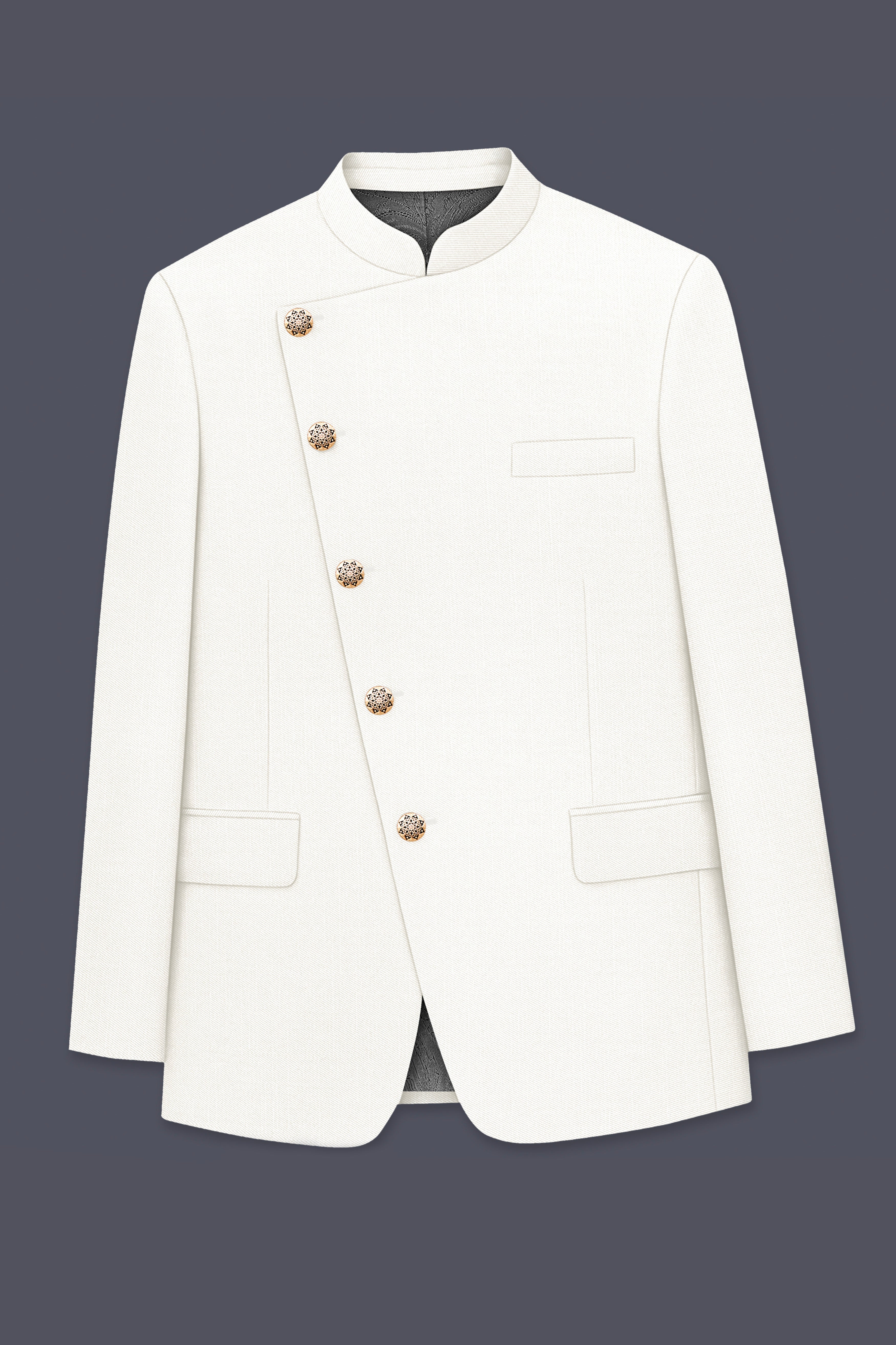 Ivory-Cararra Cream Wool Rich Cross Placket Bandhgala Slight Stretch Blazer