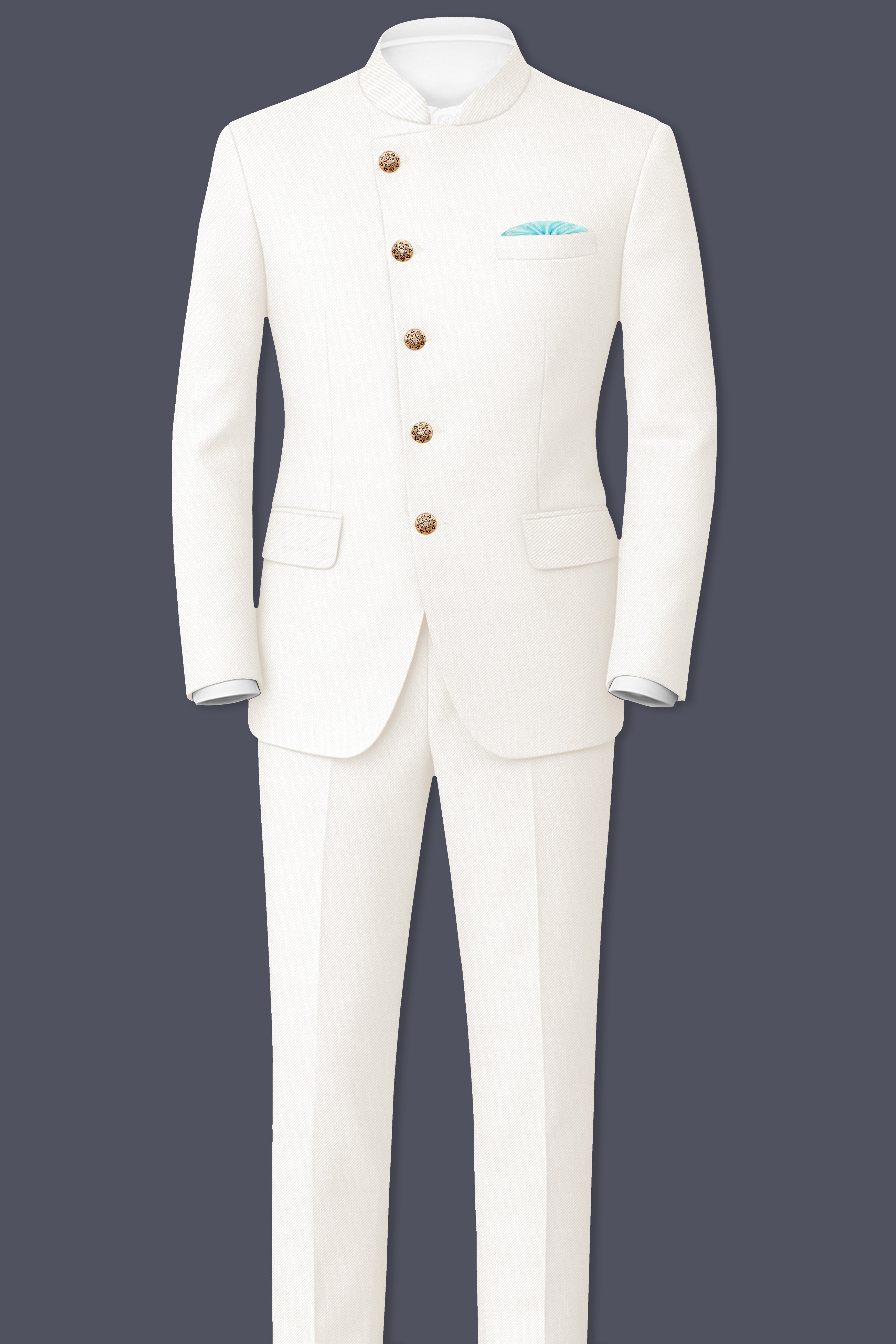 Ivory-Cararra Cream Wool Rich Cross Placket Bandhgala Slight Stretch Blazer