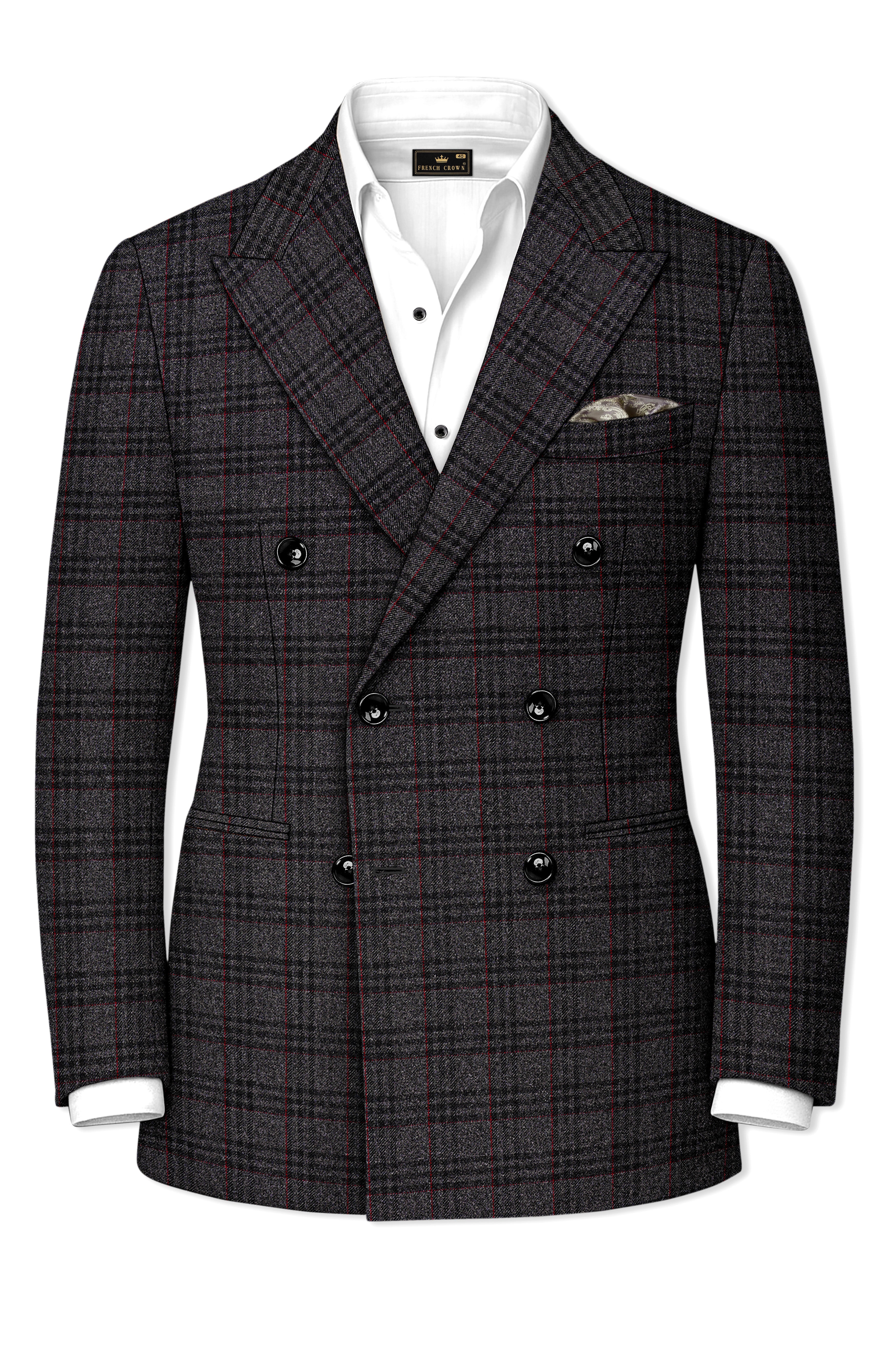 Velours-Ship Gray Plaid Tweed Double Breasted Blazers