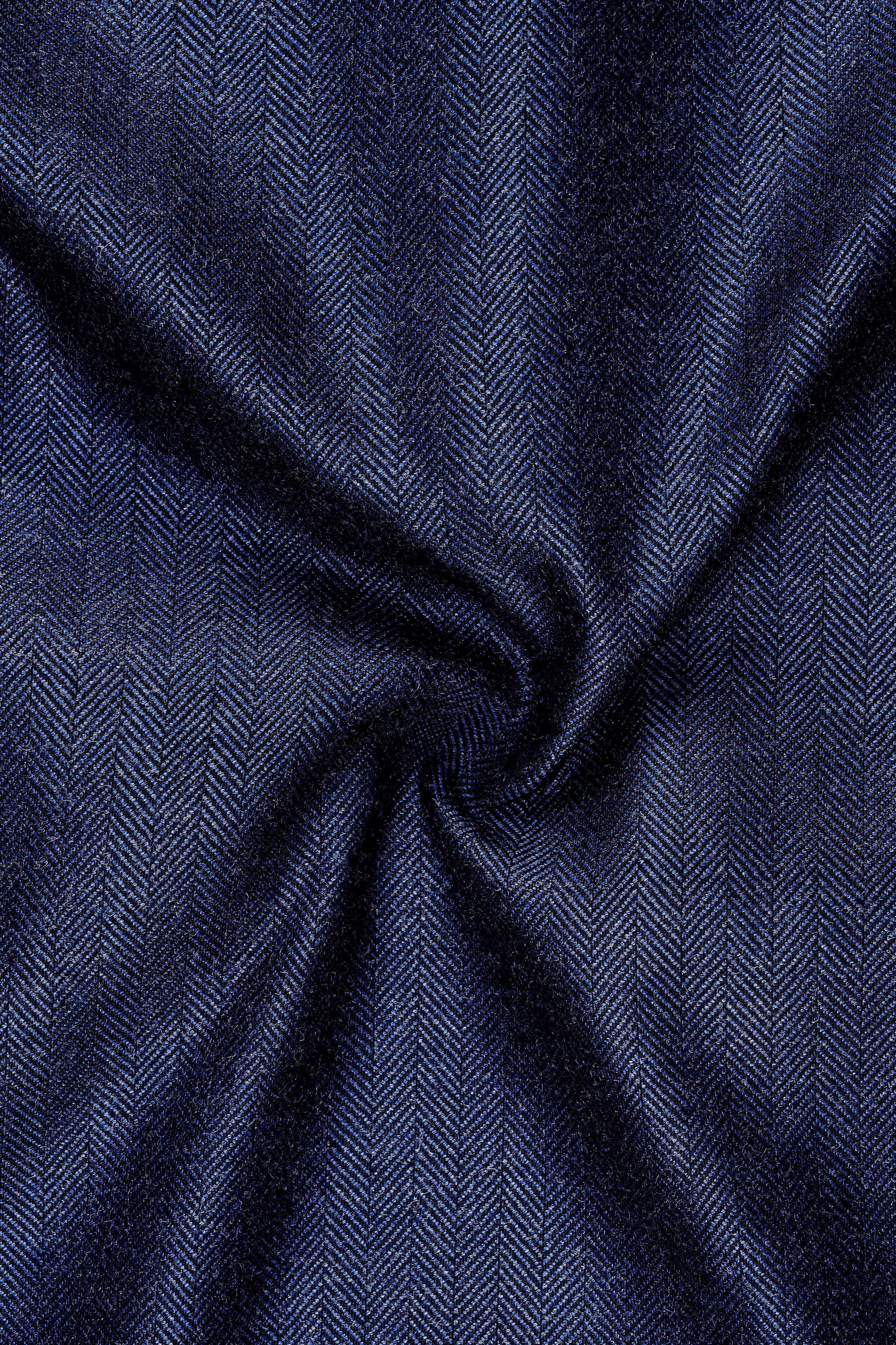 Aurevu-Vulcan Blue Herringbone Textured Tweed Single Breasted Blazers