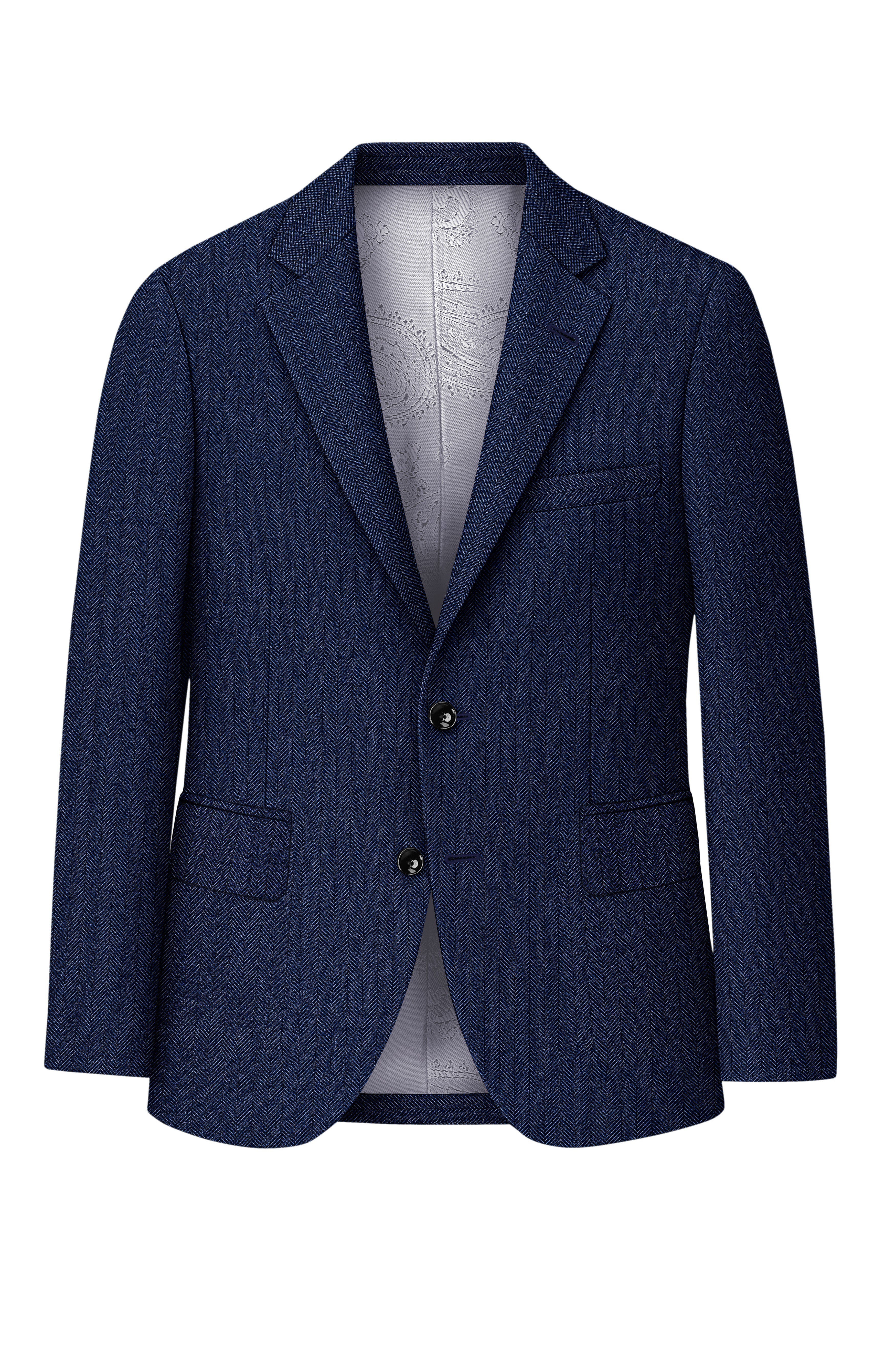 Aurevu-Vulcan Blue Herringbone Textured Tweed Single Breasted Blazers