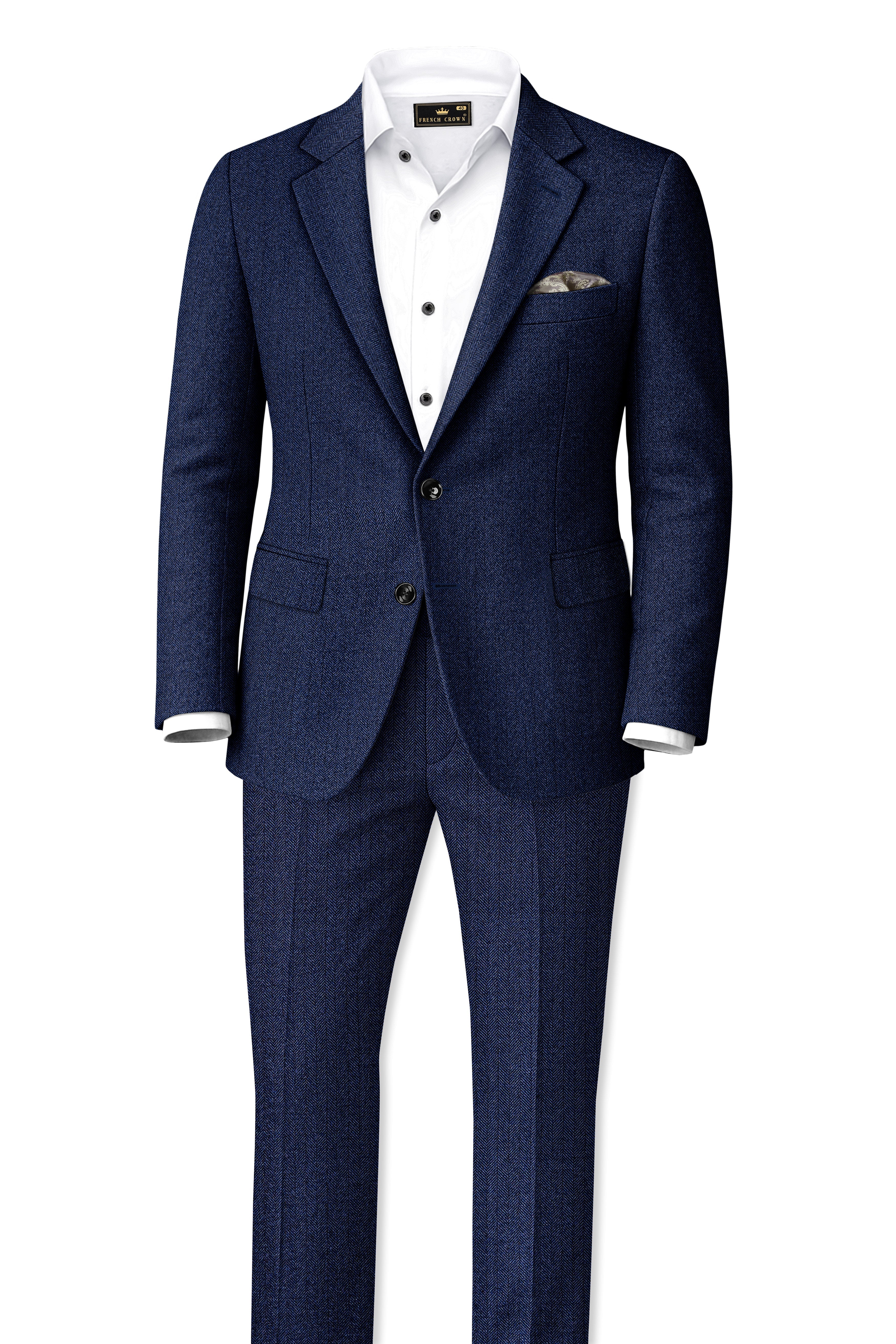 Aurevu-Vulcan Blue Herringbone Textured Tweed Single Breasted Blazers