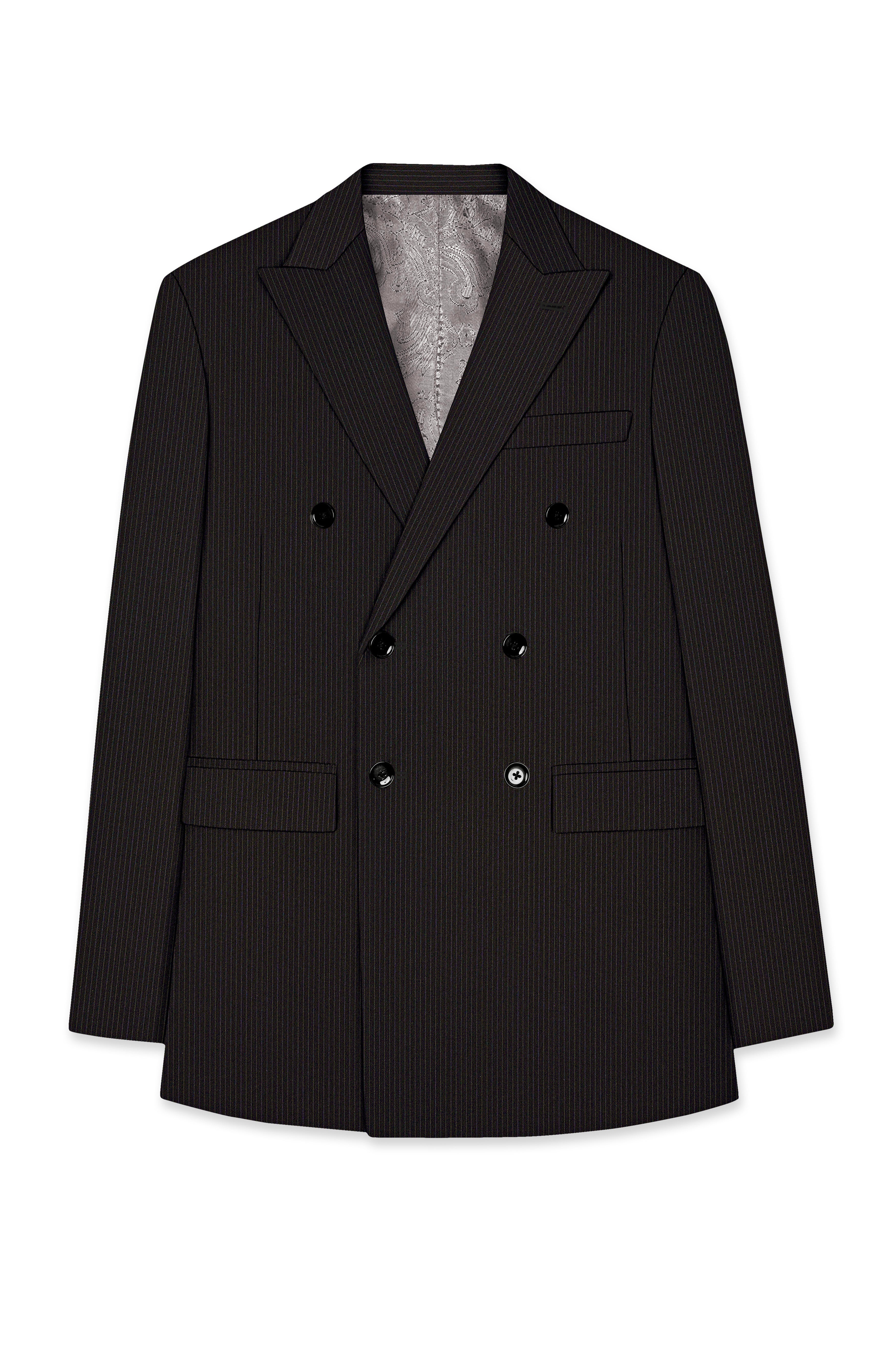 Imperio-Umber Brown Pencil Striped Wool Rich Slight Stretch Double Breasted Blazer
