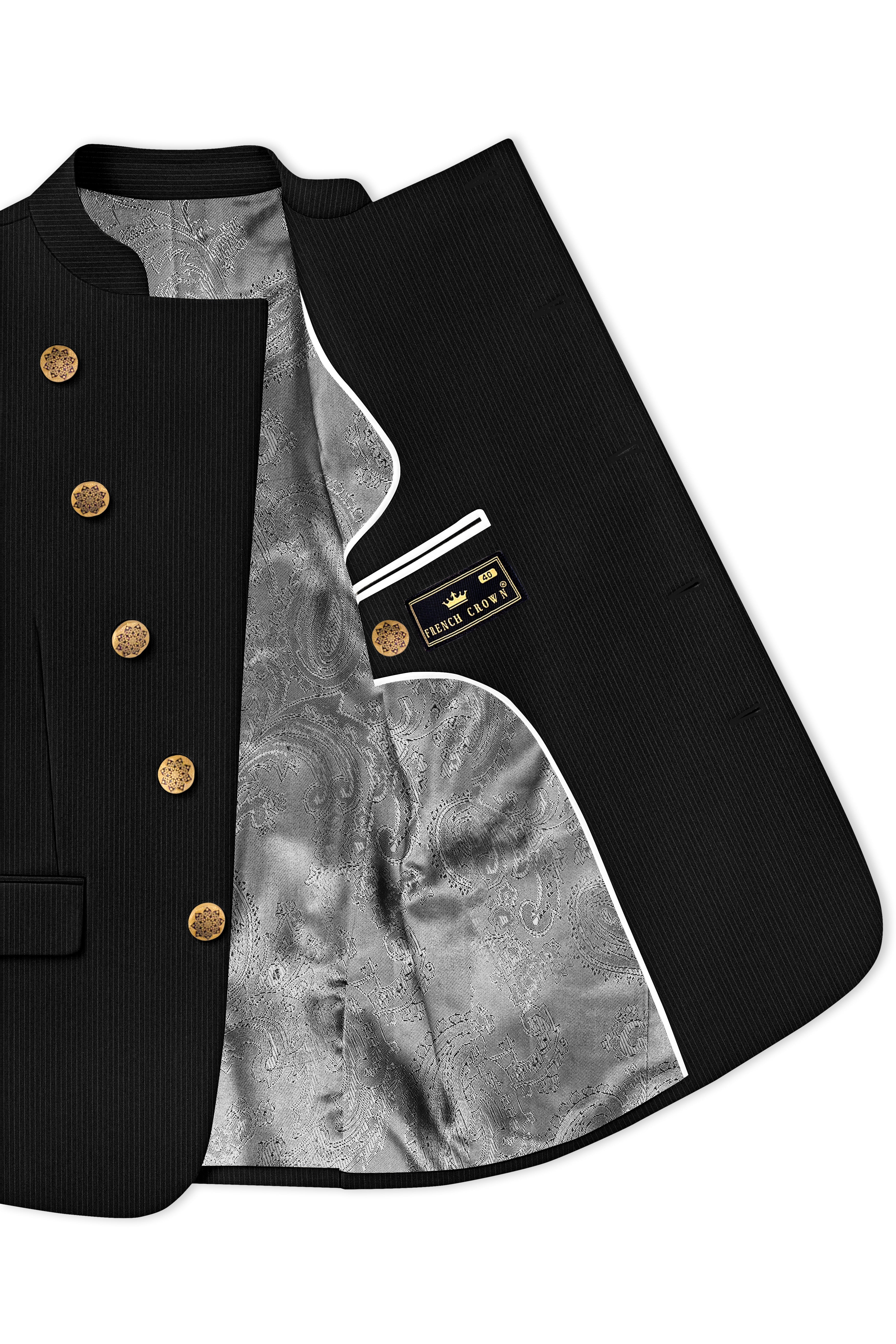 Aurejax-Jade Black Pencil Striped Wool Rich Slight Stretch Cross Placket Bandhgala Blazer