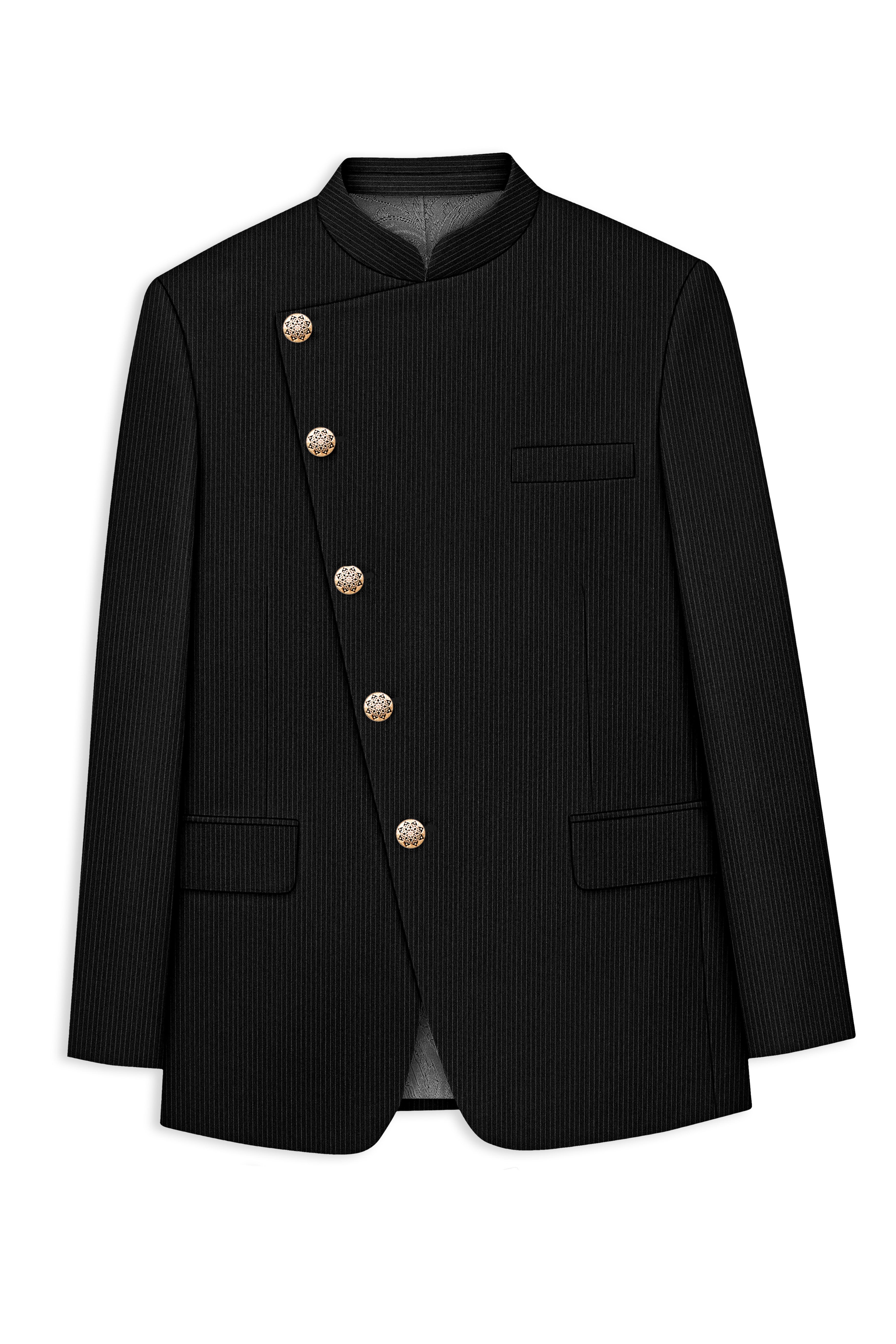 Aurejax-Jade Black Pencil Striped Wool Rich Slight Stretch Cross Placket Bandhgala Blazer