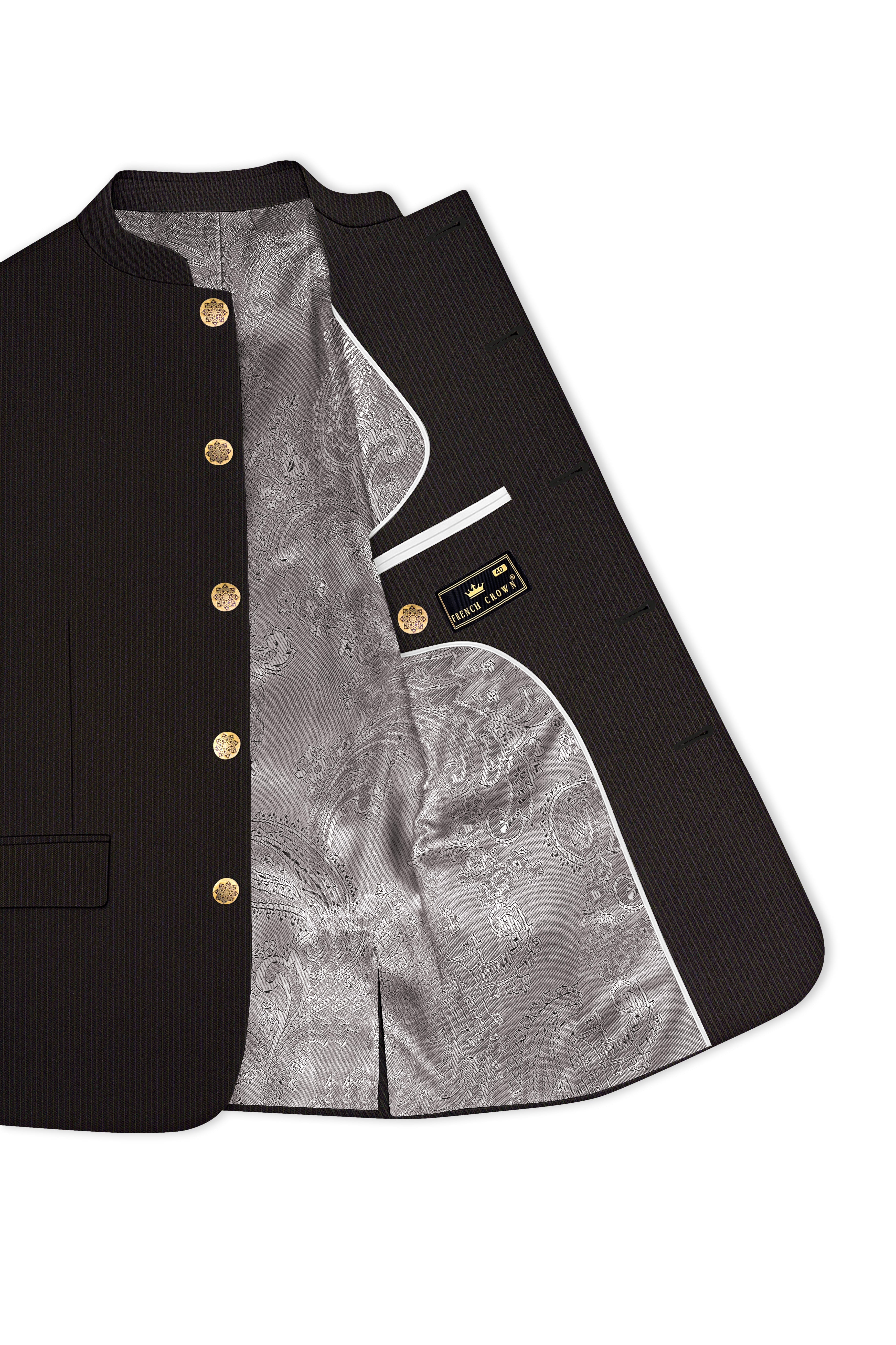 Imperio-Umber Brown Pencil Striped Wool Rich Bandhgala Slight Stretch Blazer