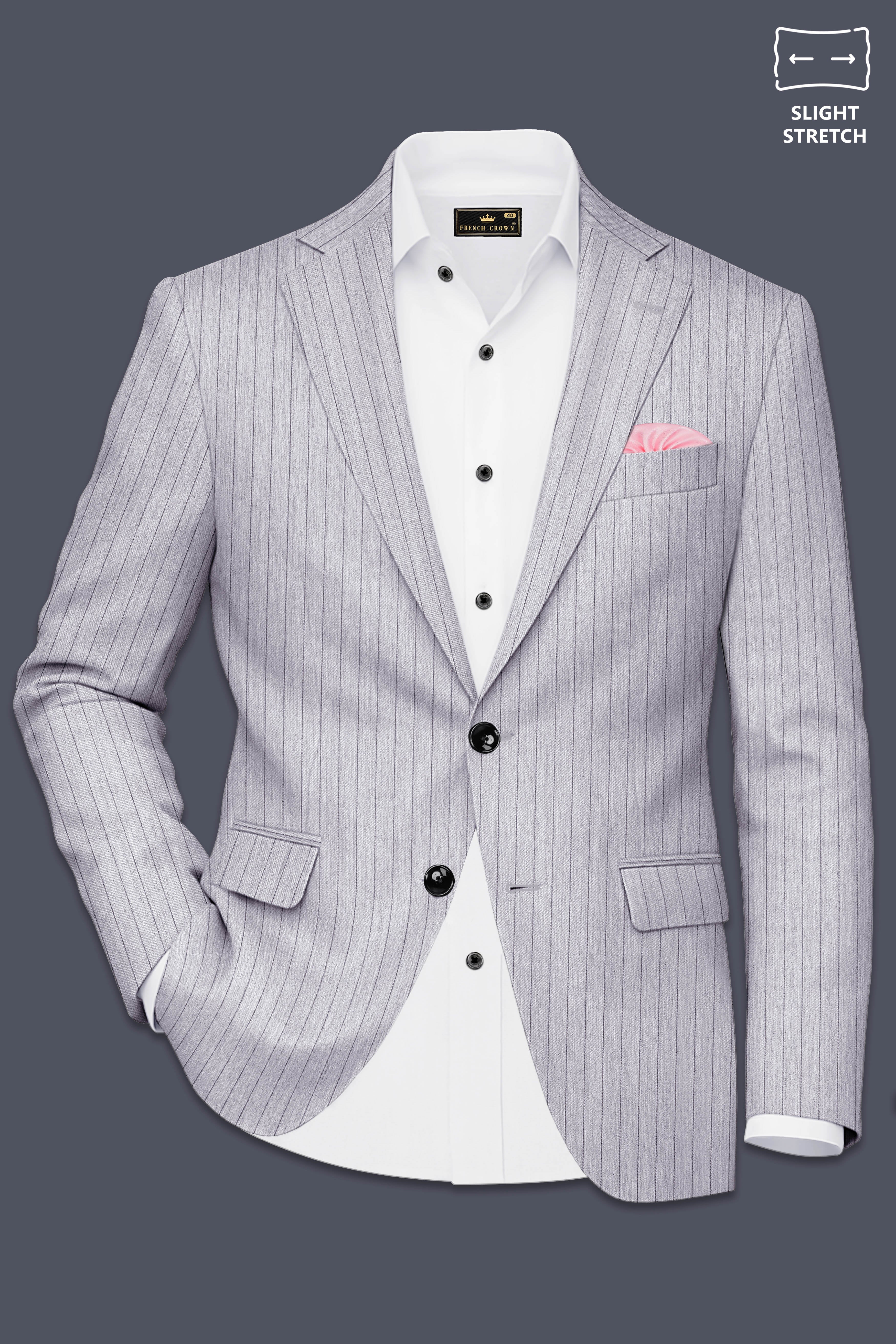 Grisvoro-Sterling Gray Pin Striped Wool Rich Slight Stretch Single Breasted Blazer