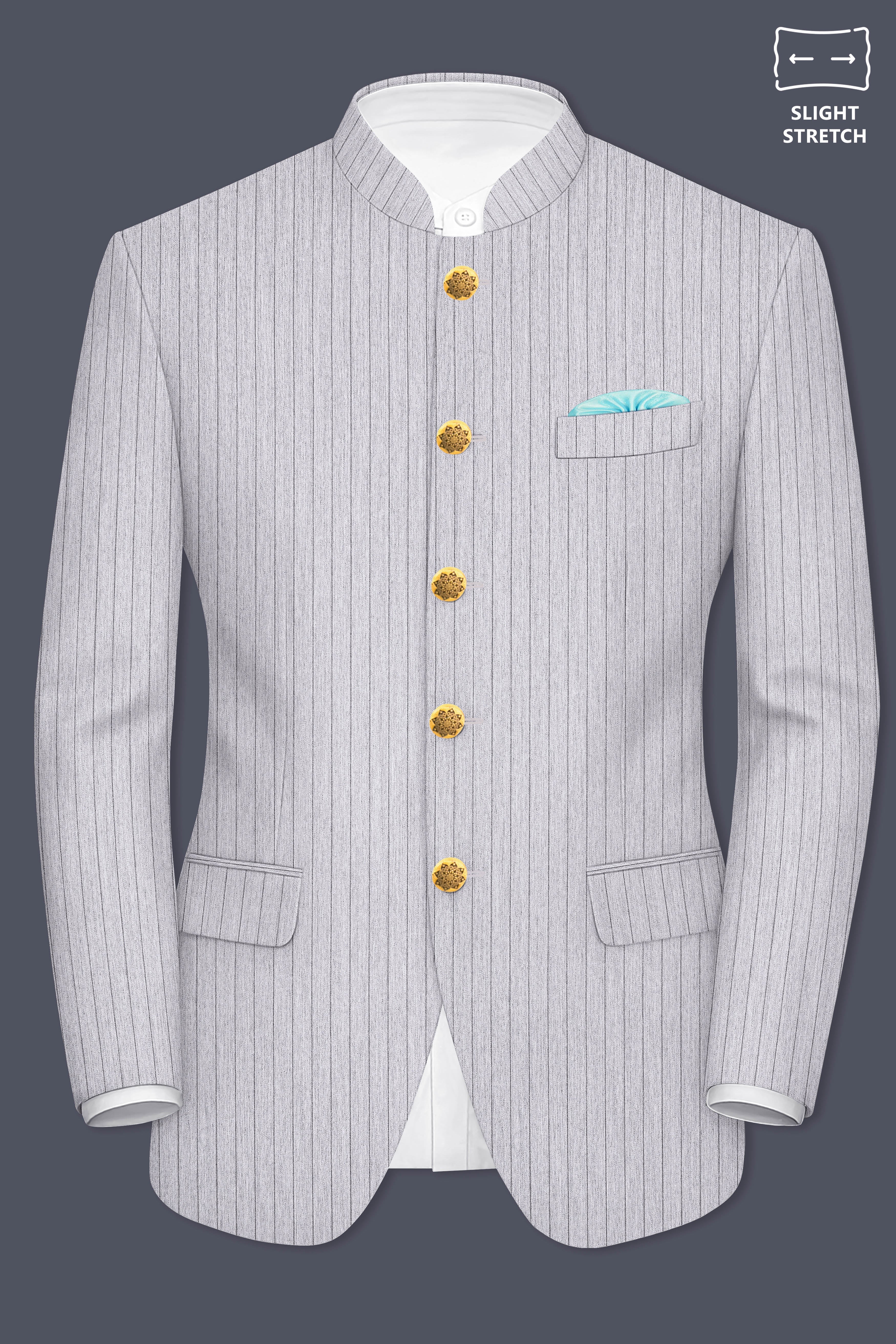 Grisvoro-Sterling Gray Pin Striped Wool Rich Bandhgala Slight Stretch Blazer