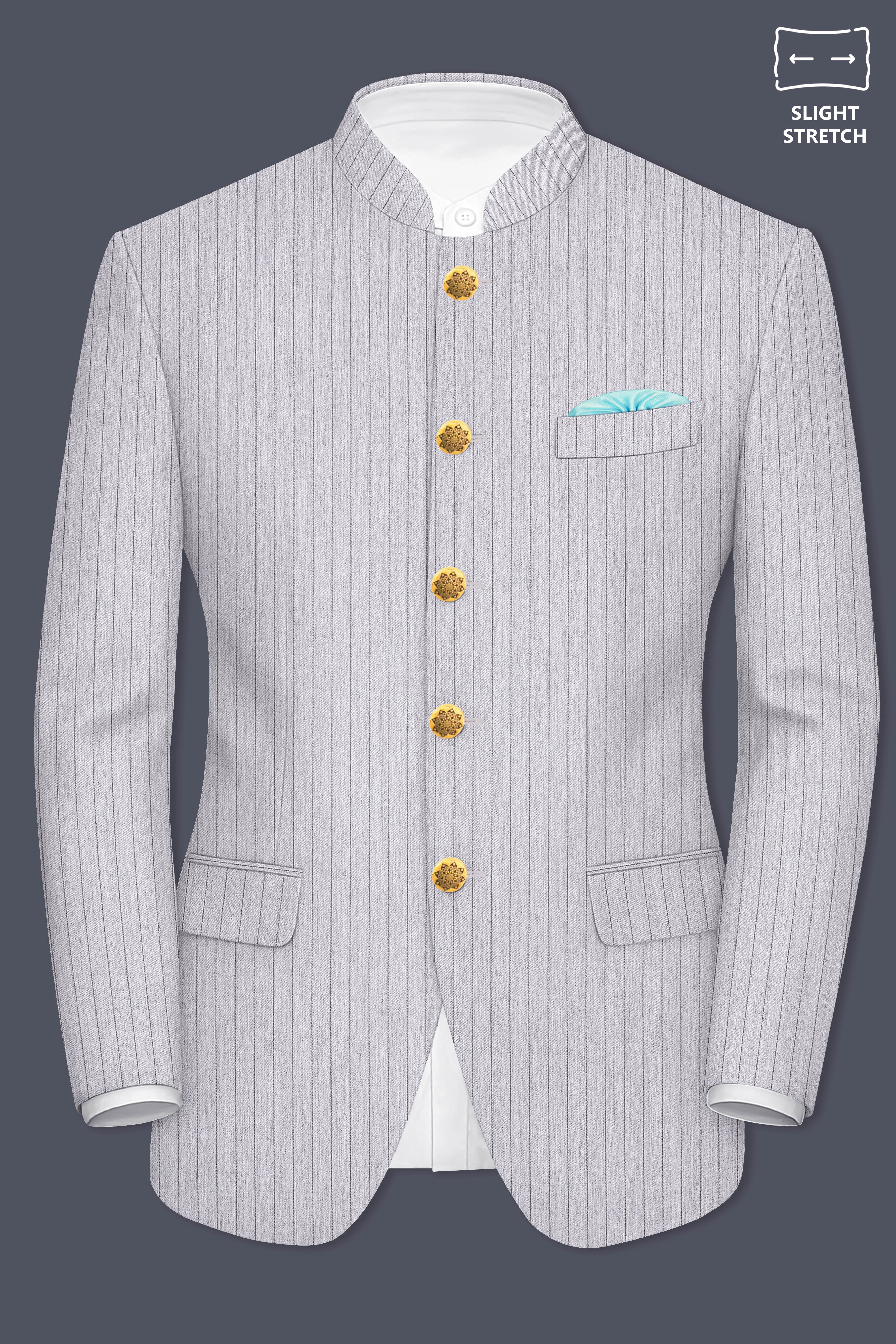 Grisvoro-Sterling Gray Pin Striped Wool Rich Bandhgala Slight Stretch Blazer