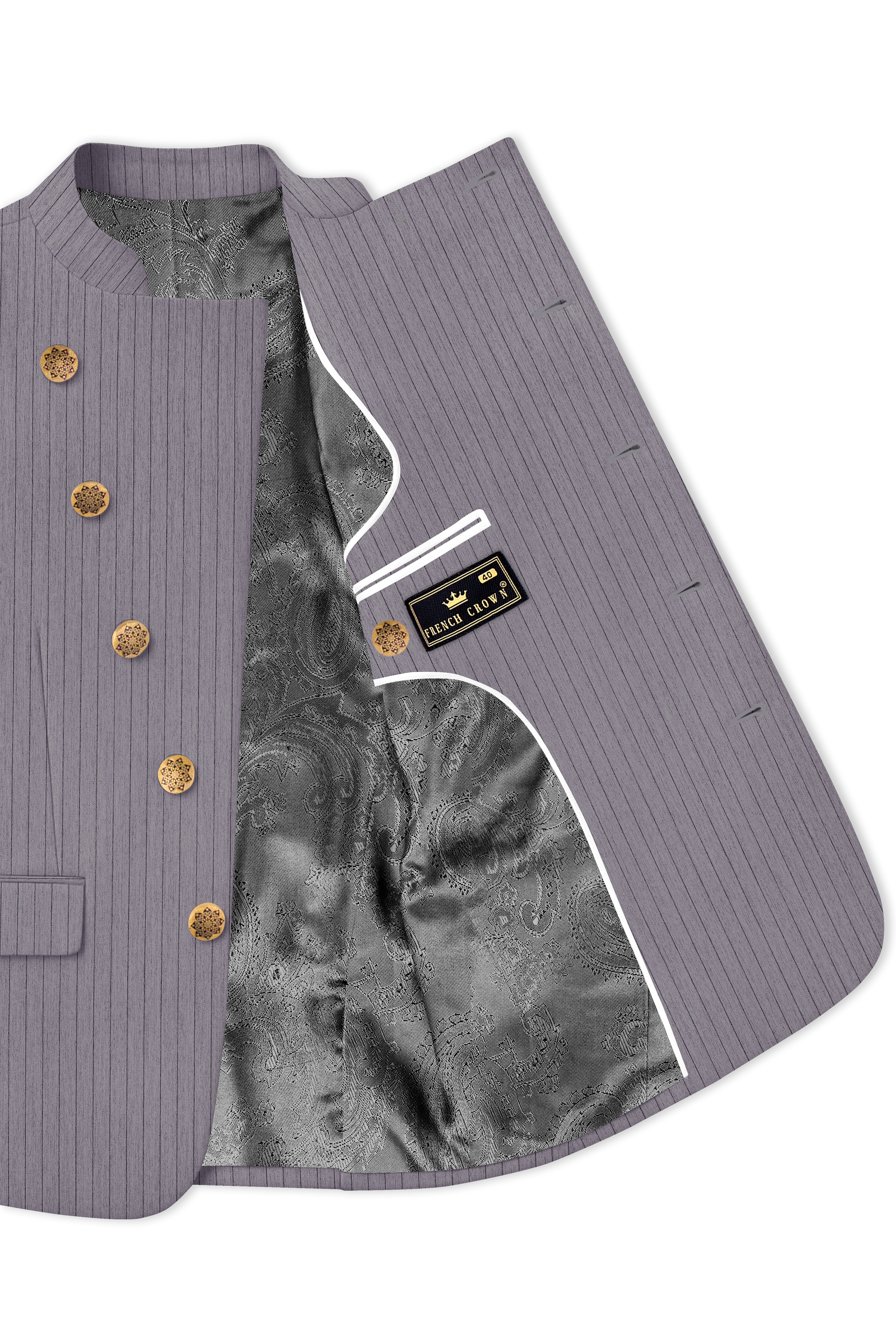 Velmoro-Mauve Gray Pin Striped Wool Rich Cross Placket Bandhgala Slight Stretch Blazer