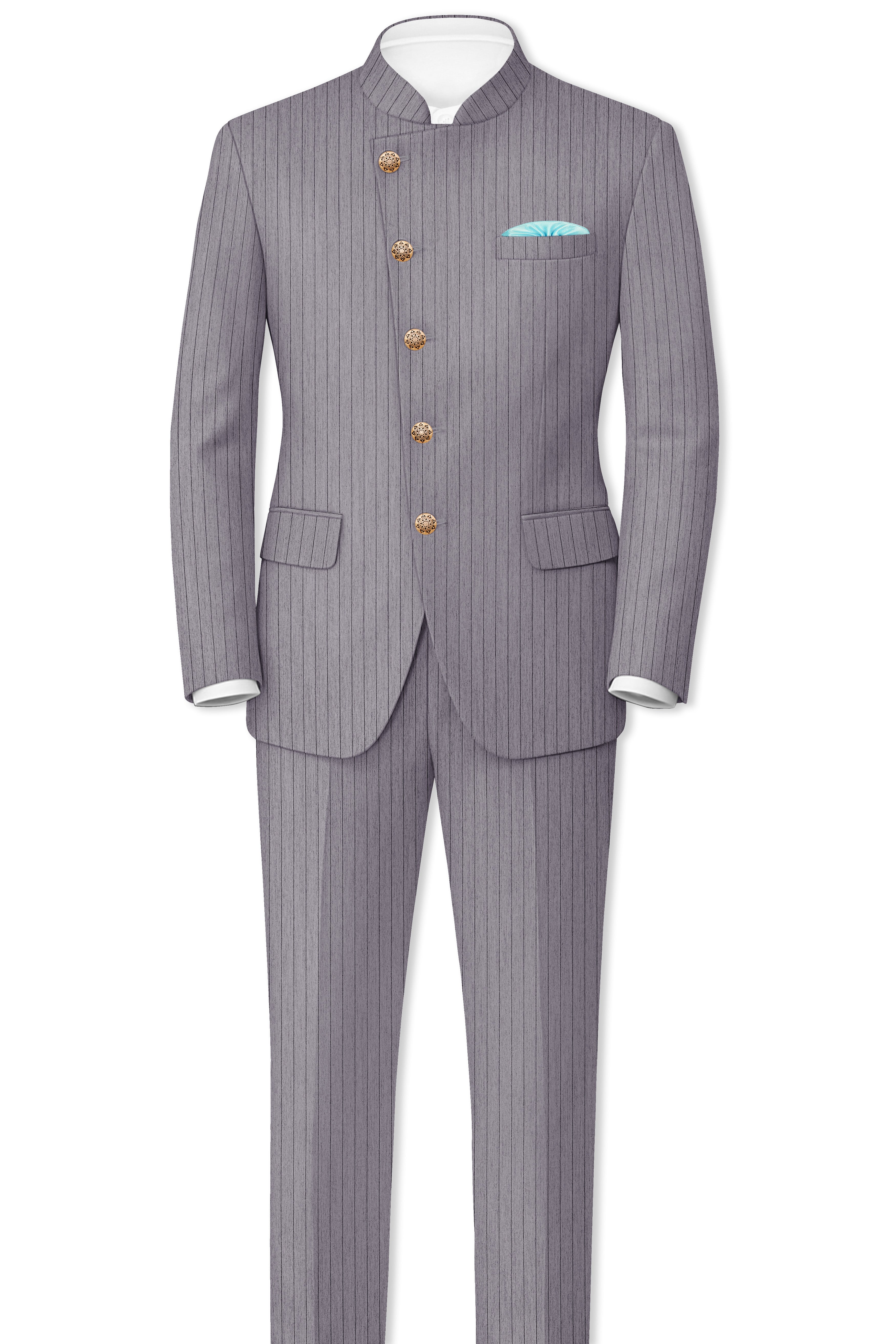 Velmoro-Mauve Gray Pin Striped Wool Rich Cross Placket Bandhgala Slight Stretch Blazer