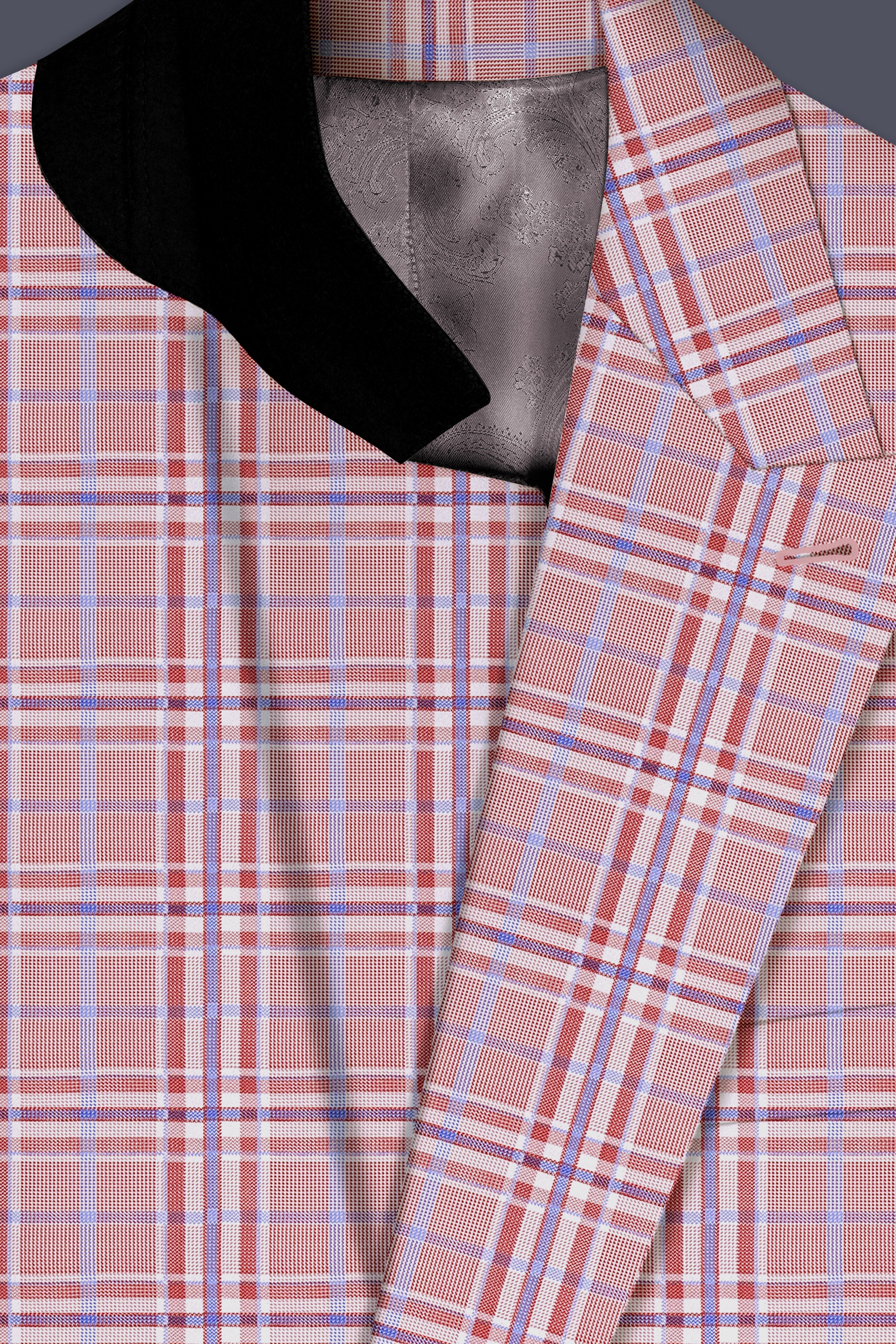 Velour-Turkish Rose Pink And Wild Blue Plaid Wool Rich Double Breasted Blazer