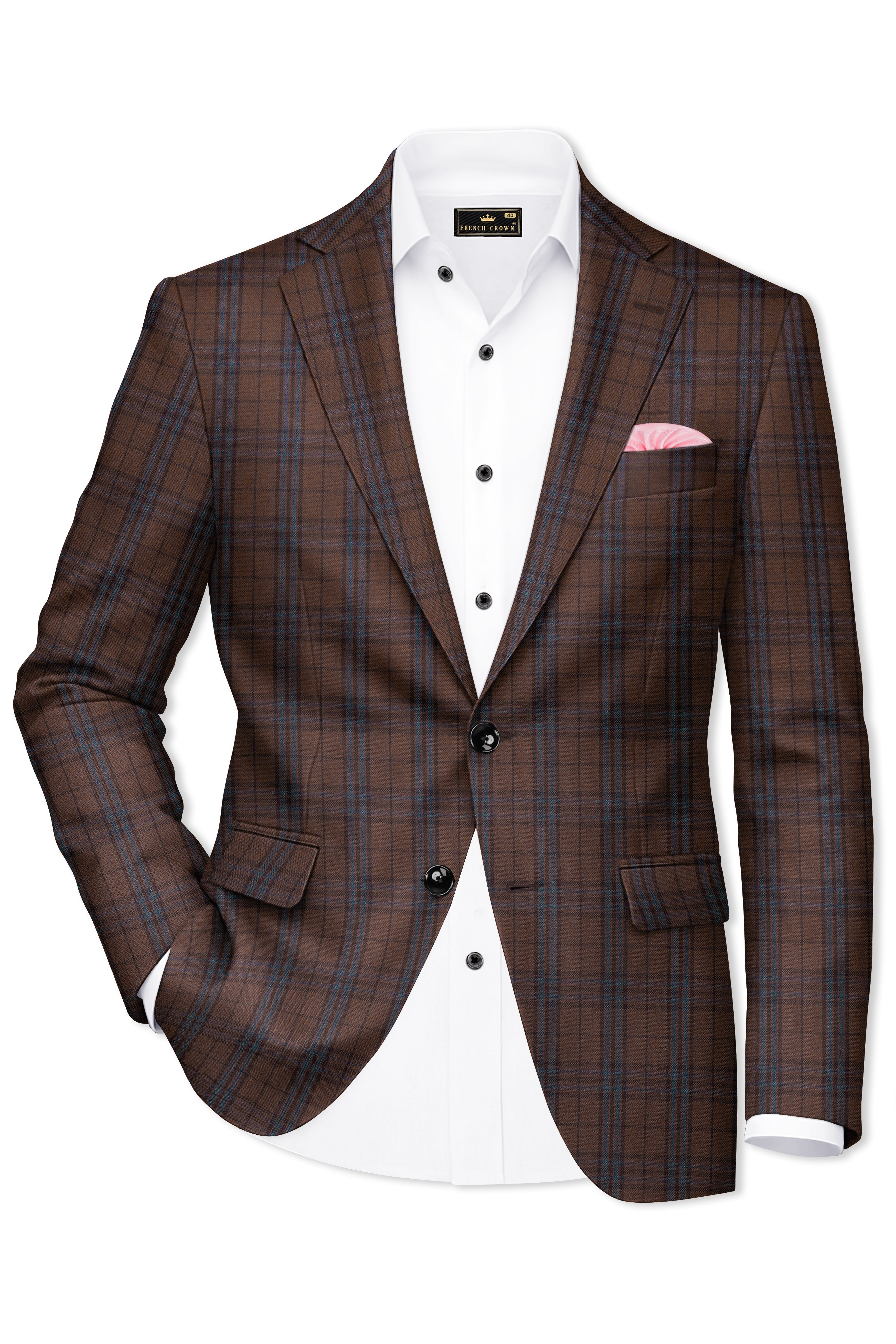 Cedar-Gingerbread Brown Plaid Wool Rich Single Breasted Blazer