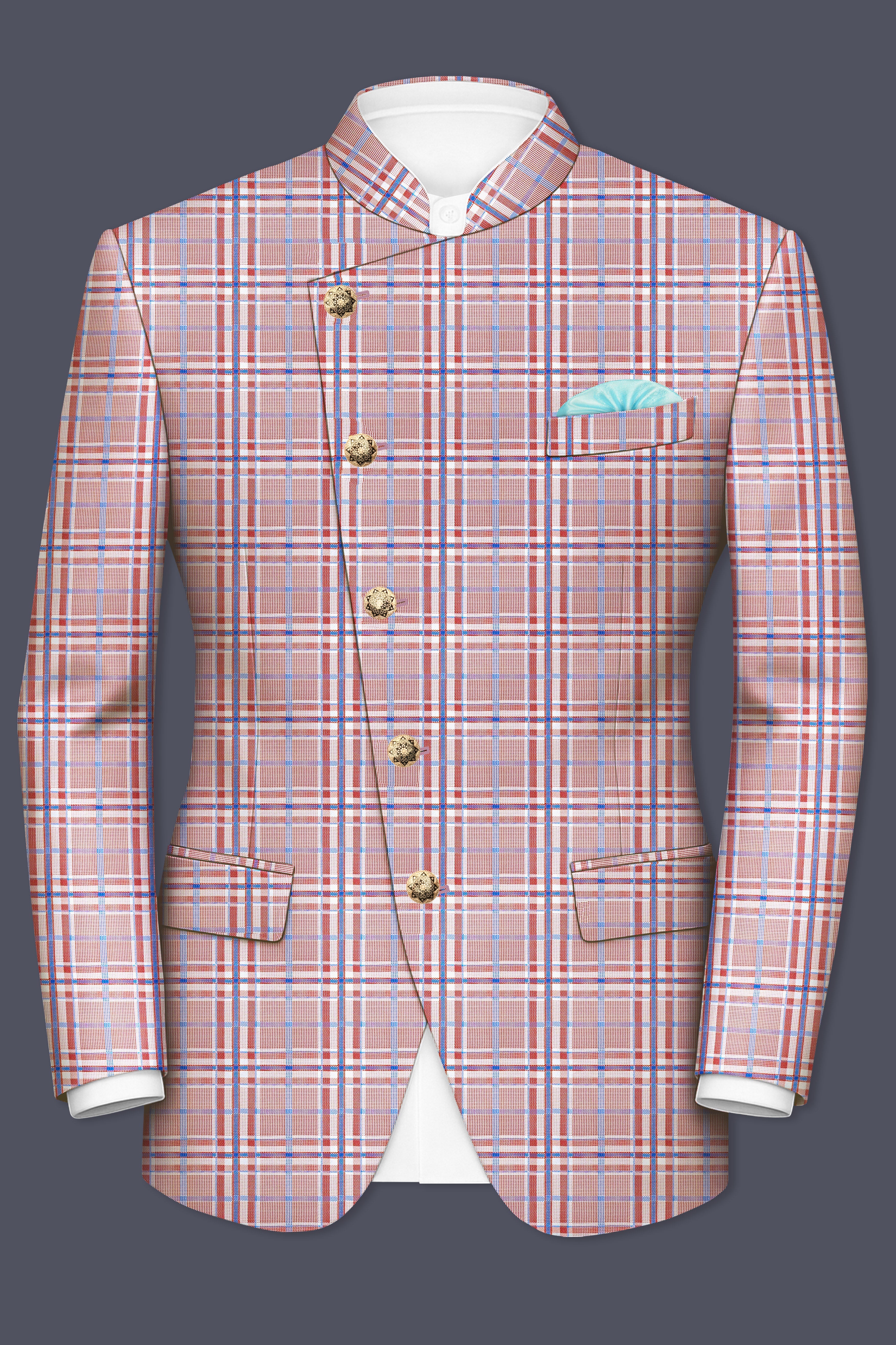 Velour-Turkish Rose Pink And Wild Blue Plaid Wool Rich Cross Placket Bandhgala Blazers