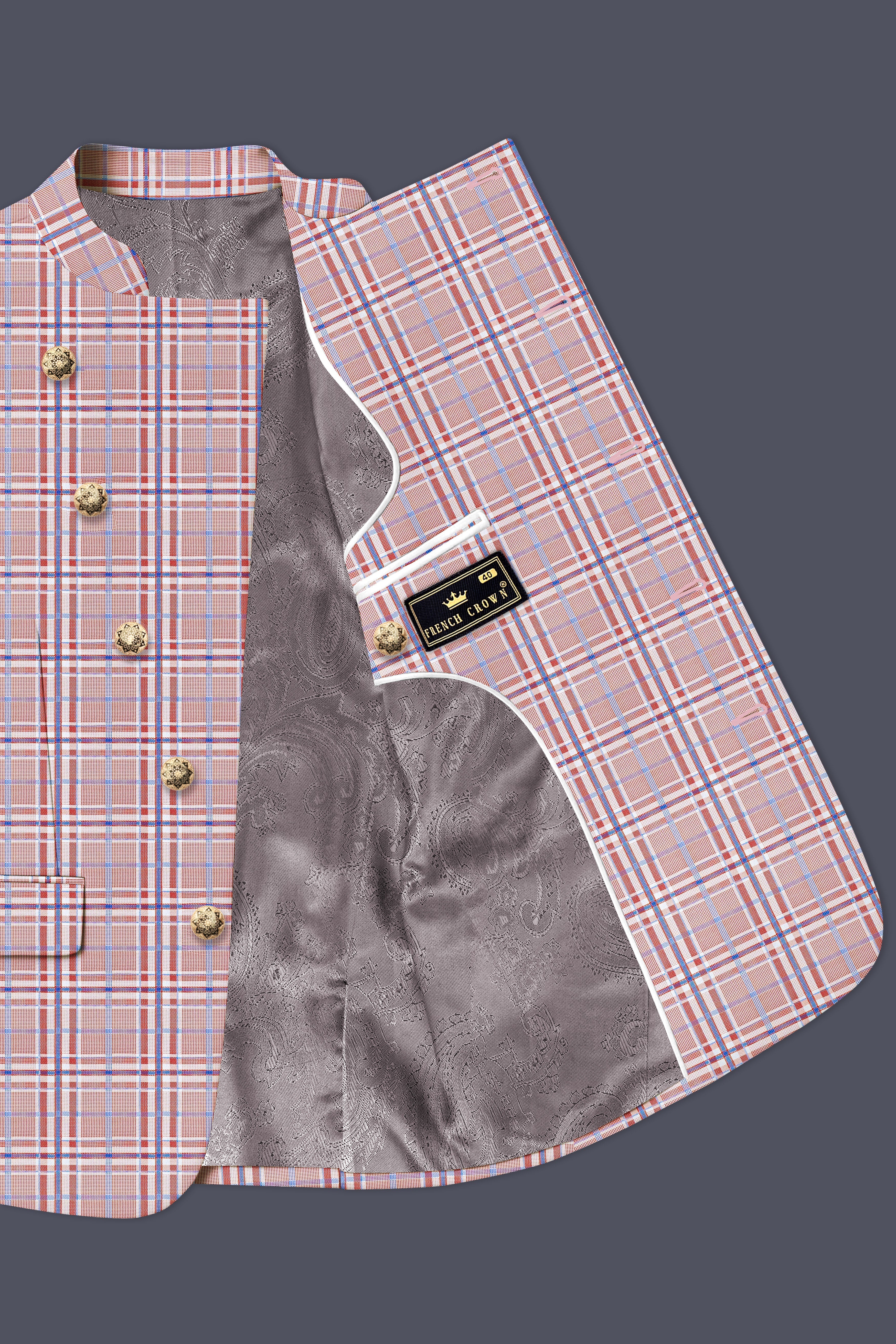 Velour-Turkish Rose Pink And Wild Blue Plaid Wool Rich Cross Placket Bandhgala Blazers